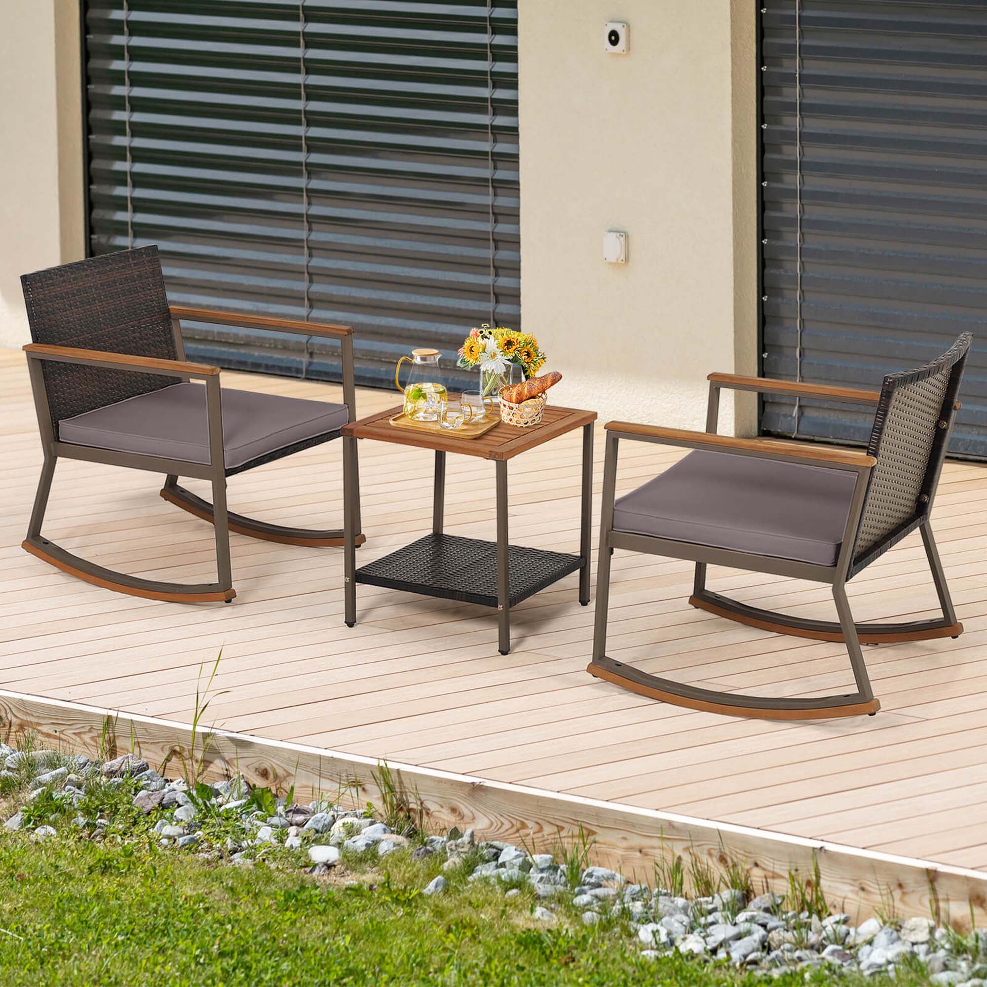 Alt View 7. Costway - 3 PCS Patio Rattan Rocking Chair Bistro Set Armrest Cushion Table with Storage Shelf - Gray.