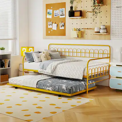Front. Costway - Costway Twin Size Metal Daybed with Trundle Space-Saving Sofa Bed Lockable Wheels Gold - Gold.