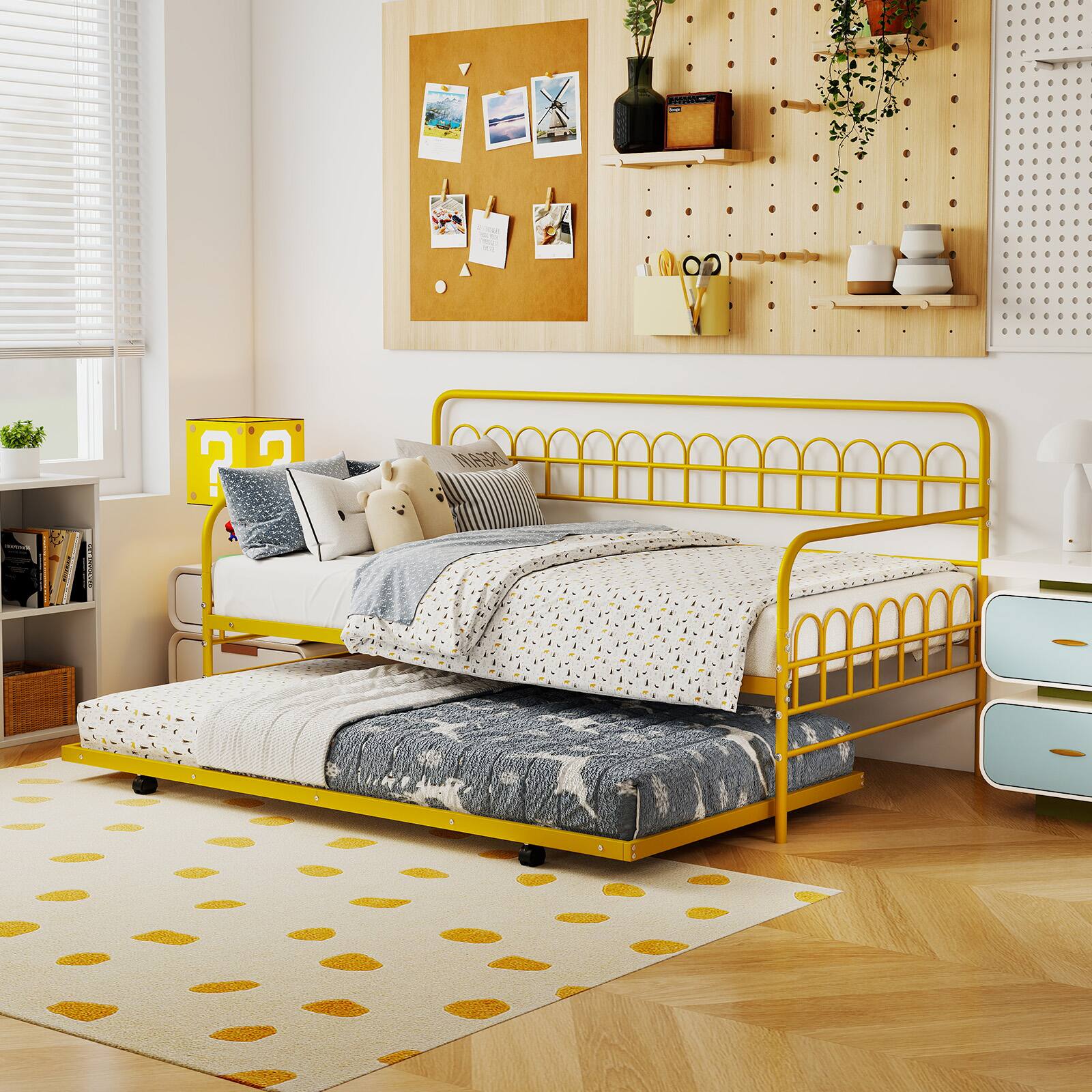 Front. Costway - Costway Twin Size Metal Daybed with Trundle Space-Saving Sofa Bed Lockable Wheels Gold - Gold.