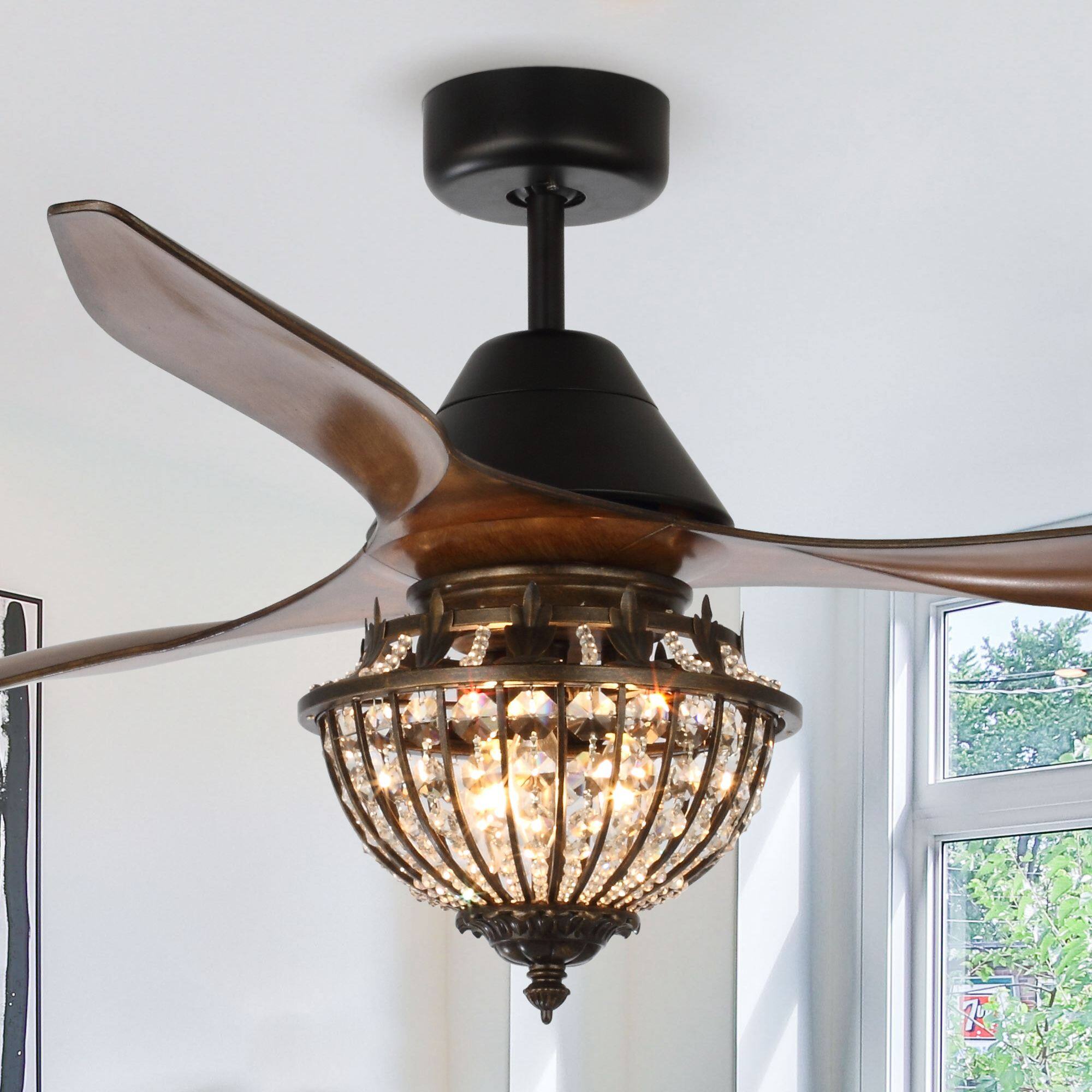Angle. Parrot Uncle - 52" Farmhouse Brown Crystal Chandelier Ceiling Fan with Remote Control - Black.
