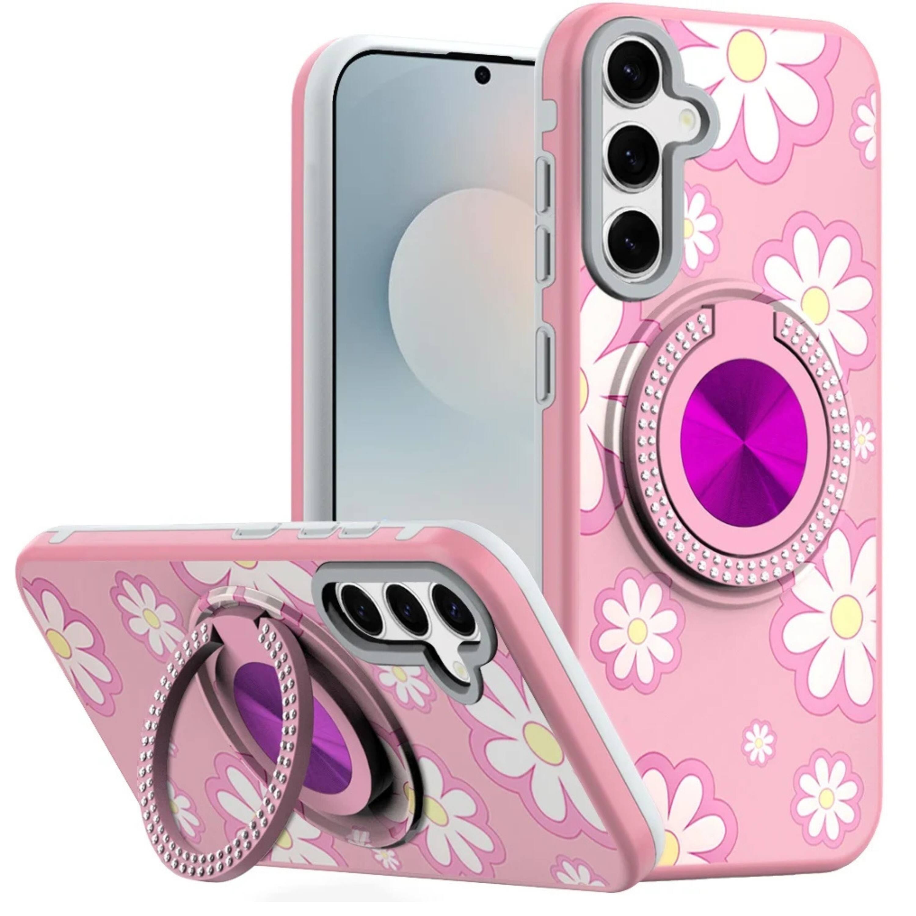 Front. Kitcheniva - 360 Rotating Stand Case With Tempered Glass For Samsung S25 FE Flower Pink - Flower.