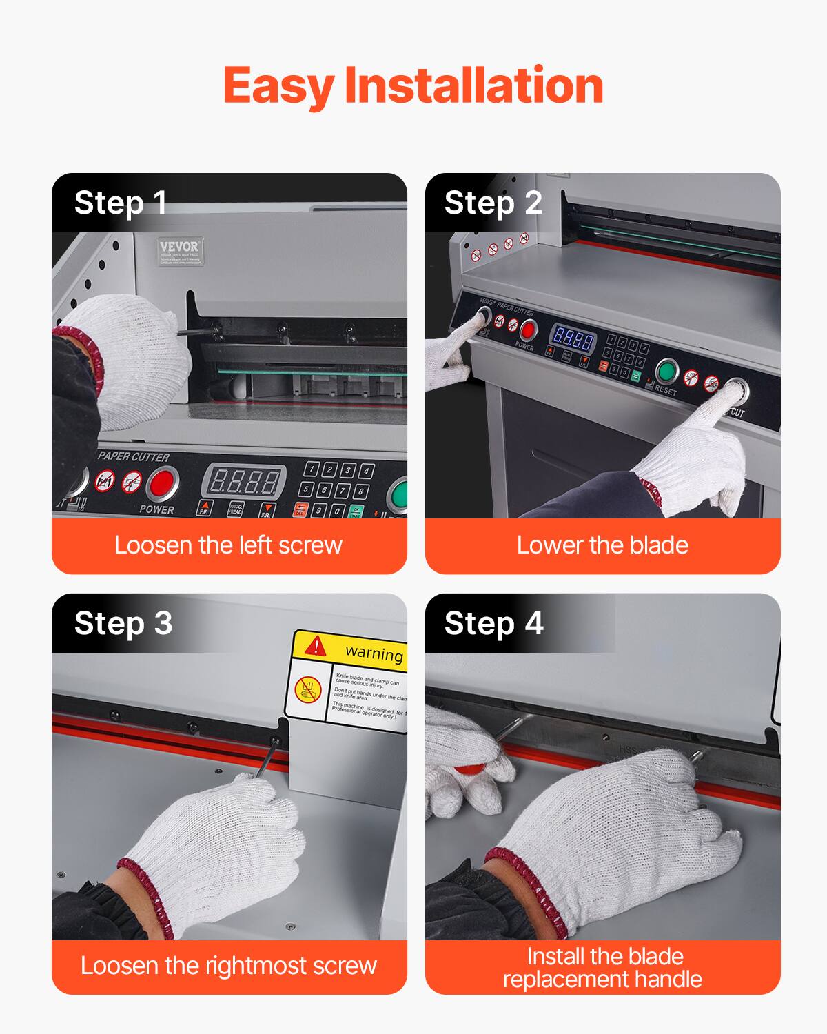 Easy Installation

Step 1
- Loosen the left screw

Step 2
- Lower the blade

Step 3
- Loosen the rightmost screw

Step 4
- Install the blade replacement handle