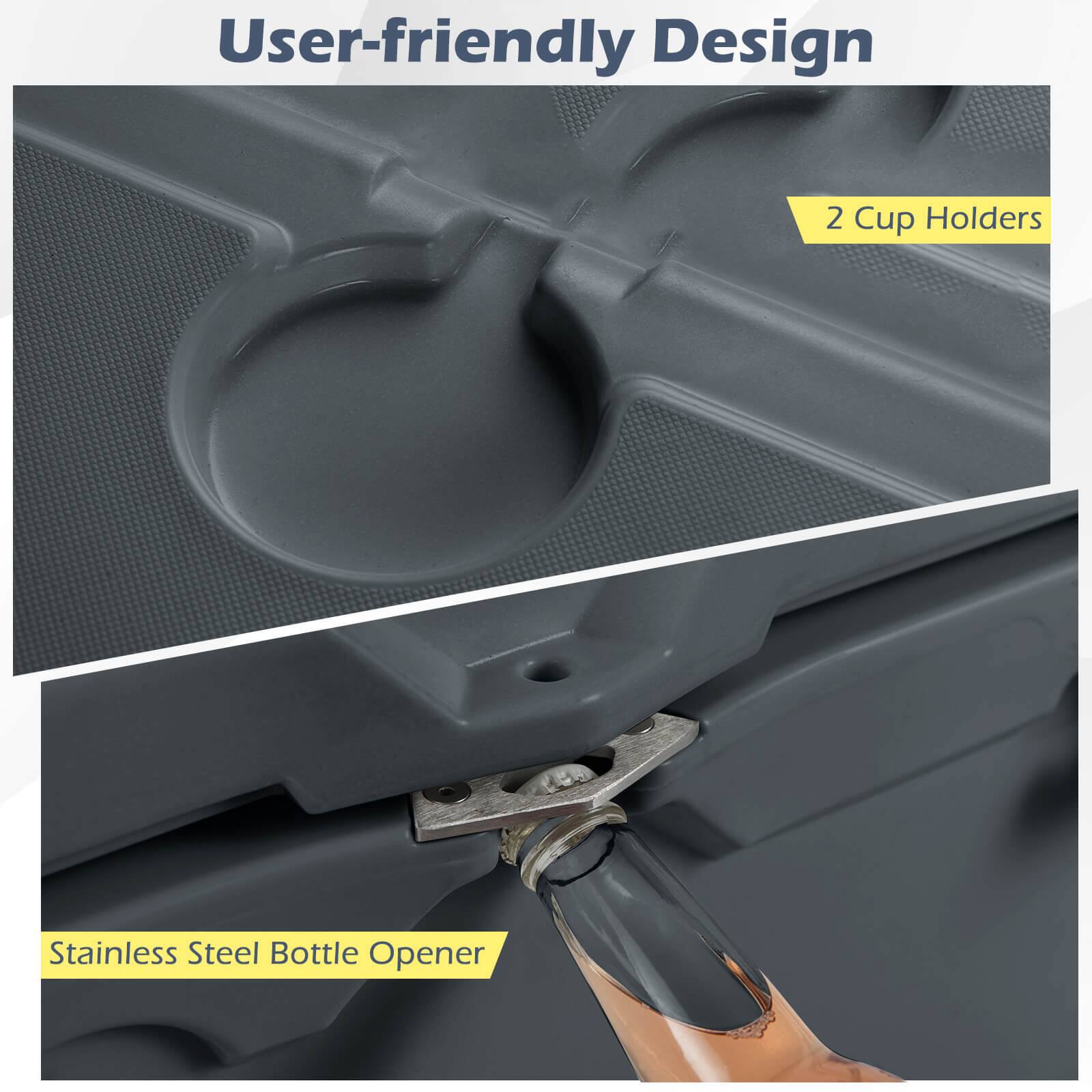 User-friendly Design  
2 Cup Holders  
Stainless Steel Bottle Opener