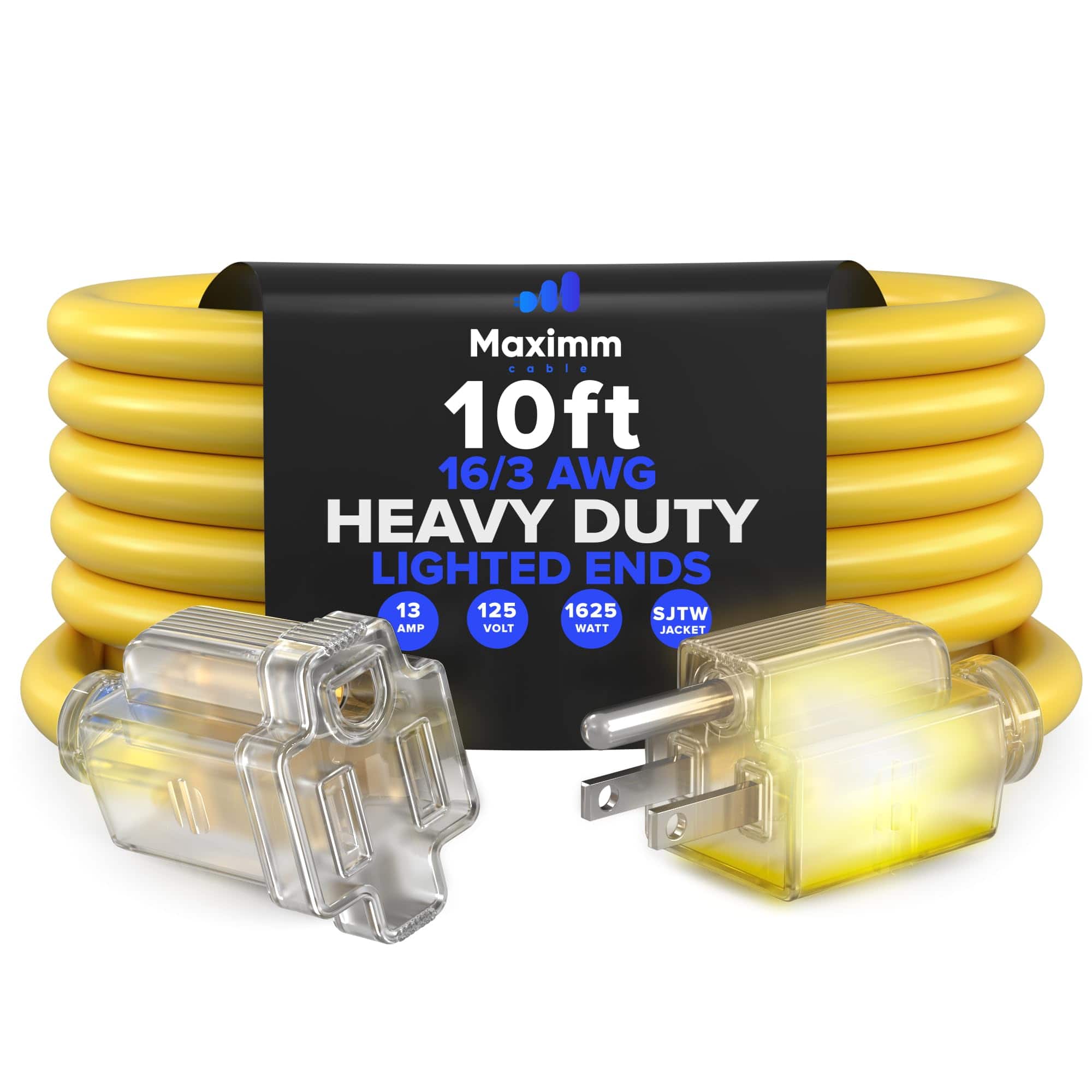 Maximm - 10 Ft Extension Cord – 16 AWG, 3-Prong Grounded, Lighted End, Heavy Duty Indoor/Outdoor Power Cable, ETL Listed - Yellow