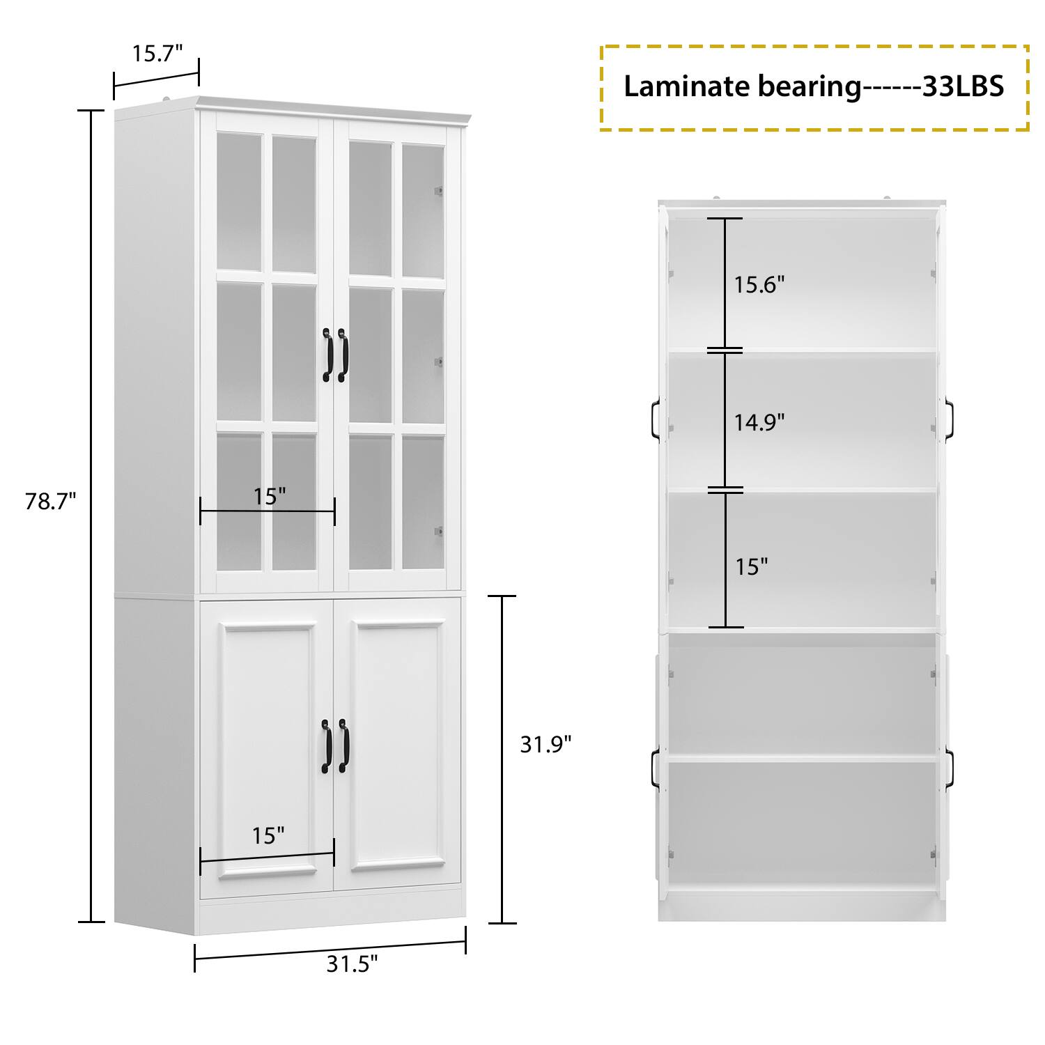 15.7", 15.6", 14.9", 78.7", 15", 15", 31.9", 15", 31.5", Laminate bearing------33LBS
