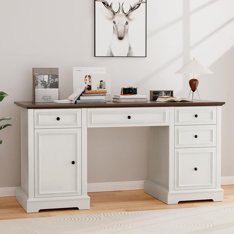 Vipbear - 60" Farmhouse Embossed Texture Wood Executive Desk with Drawers and Cabinet, Rustic Computer Writing Desk - White