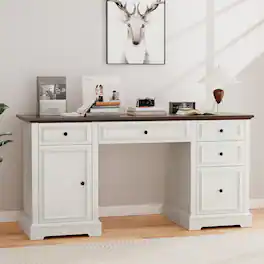 Vipbear - 60" Farmhouse Embossed Texture Wood Executive Desk with Drawers and Cabinet, Rustic Computer Writing Desk - White