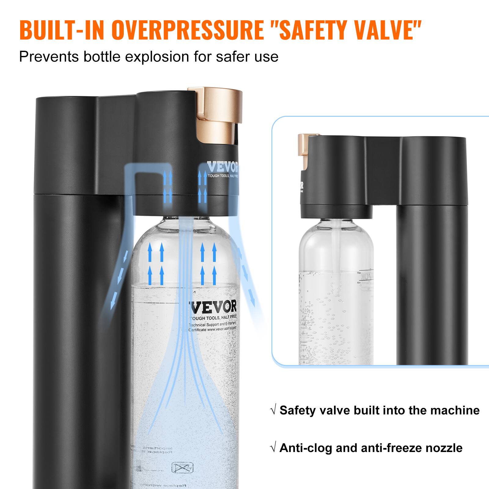 BUILT-IN OVERPRESSURE "SAFETY VALVE"  
Prevents bottle explosion for safer use  

VEVOR TOUGH TOOLS  
Tough Tools, Half Price  

Safety valve built into the machine  
Anti-clog and anti-freeze nozzle
