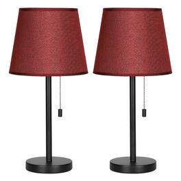 Oumilen - Pull Chain Black Metal Table Lamp with Fabric Shade, Red