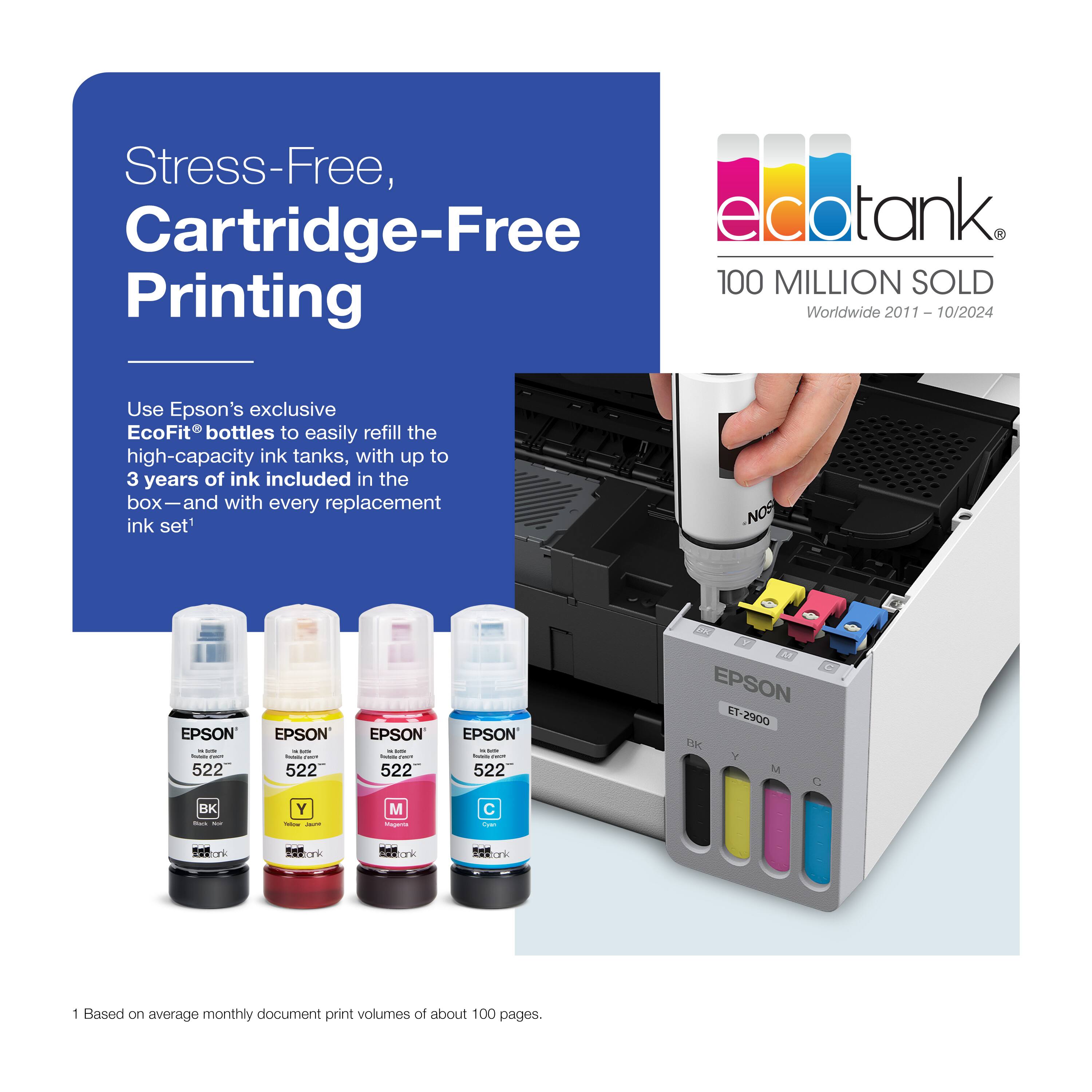 Stress-Free, Cartridge-Free Printing

Use Epson's exclusive EcoFit® bottles to easily refill the high-capacity ink tanks, with up to 3 years of ink included in the box—and with every replacement ink set¹

EcoTank®
100 MILLION SOLD
Worldwide 2011 – 10/2024

1 Based on average monthly document print volumes of about 100 pages.