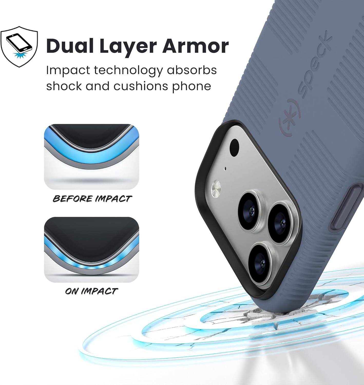 Dual Layer Armor  
Impact technology absorbs shock and cushions phone  

BEFORE IMPACT  
ON IMPACT