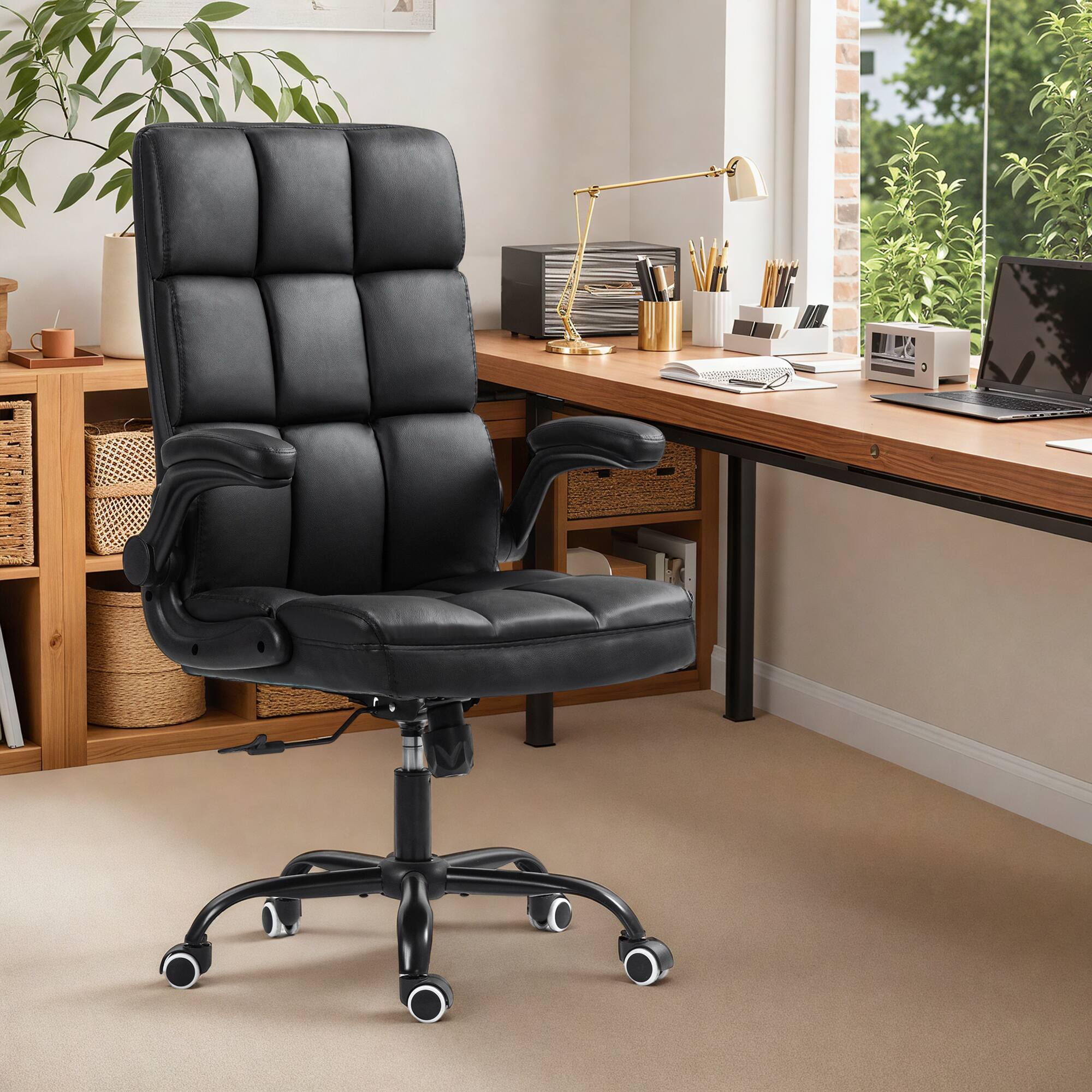 Angle. U-HOMY - Mid-Century Modern Executive Office Chair - Adjustable Leather Desk Chair with Flip-Up Arms, 330 lbs Capacity - Black.