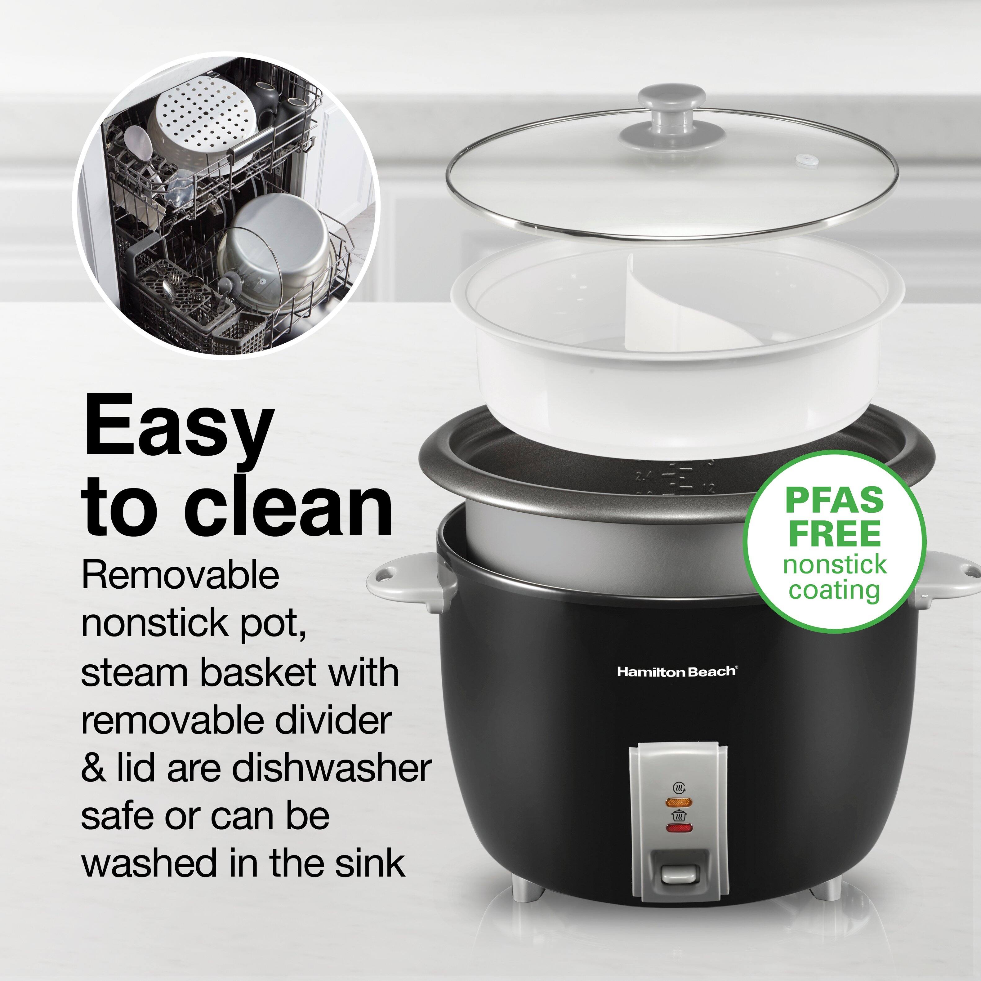 Easy to clean  
Removable nonstick pot, steam basket with removable divider & lid are dishwasher safe or can be washed in the sink  

PFAS FREE nonstick coating  
Hamilton Beach