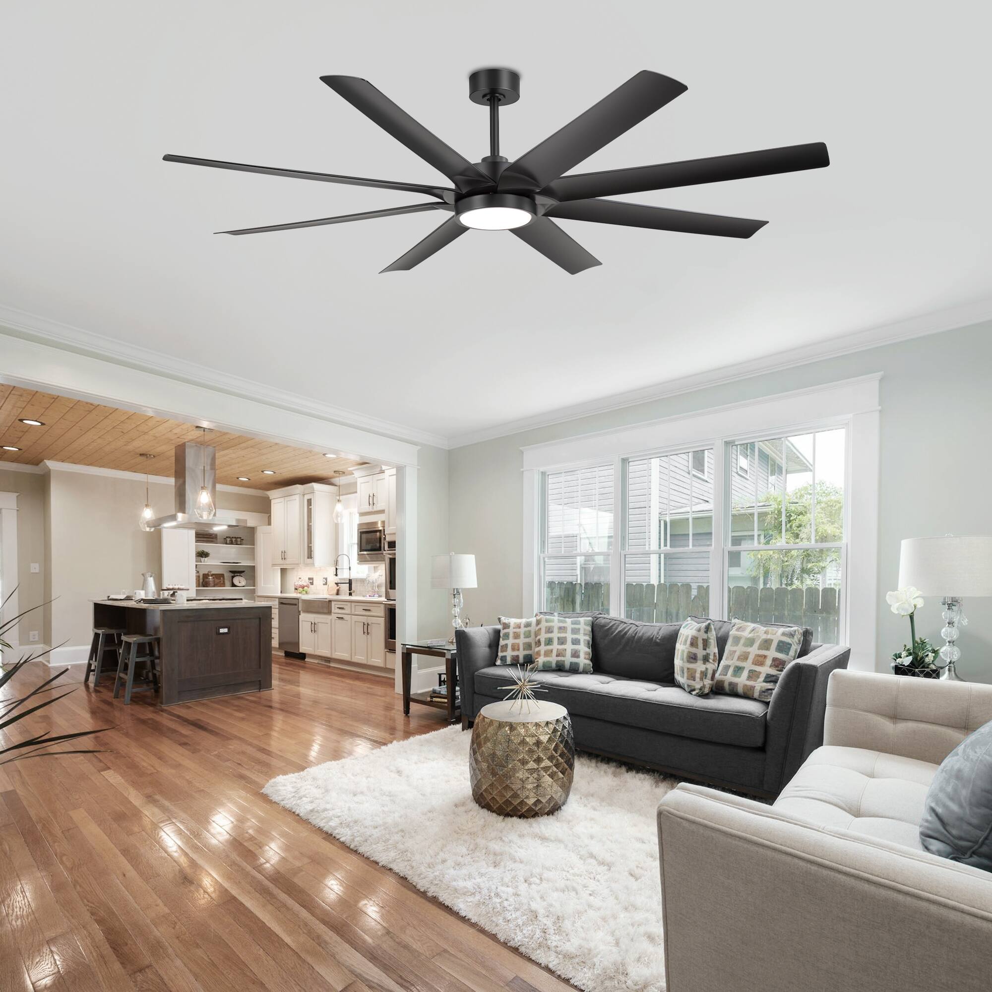 Alt View 2. Breezary - 72 Inch Ceiling Fan with 3-Color Light, 8 ABS Blades, 6''&12'' Downrods, DC Motor, 6-Speed Remote with Timer - Matte Black.