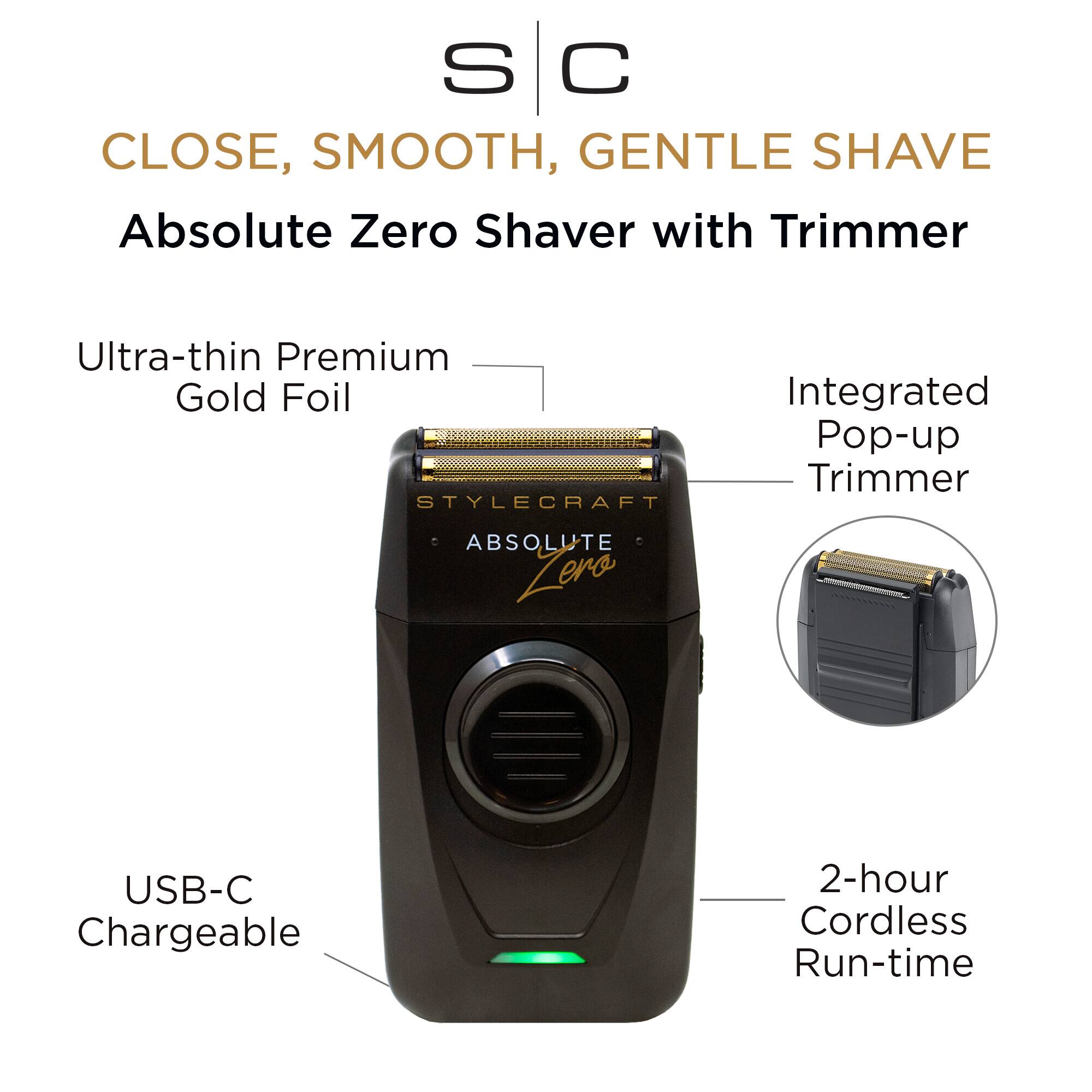 S C CLOSE, SMOOTH, GENTLE SHAVE Absolute Zero Shaver with Trimmer Ultra-thin Premium Gold Foil STYLECRAFT ABSOLUTE Zero Integrated Pop-up Trimmer USB-C Chargeable 2-hour Cordless Run-time