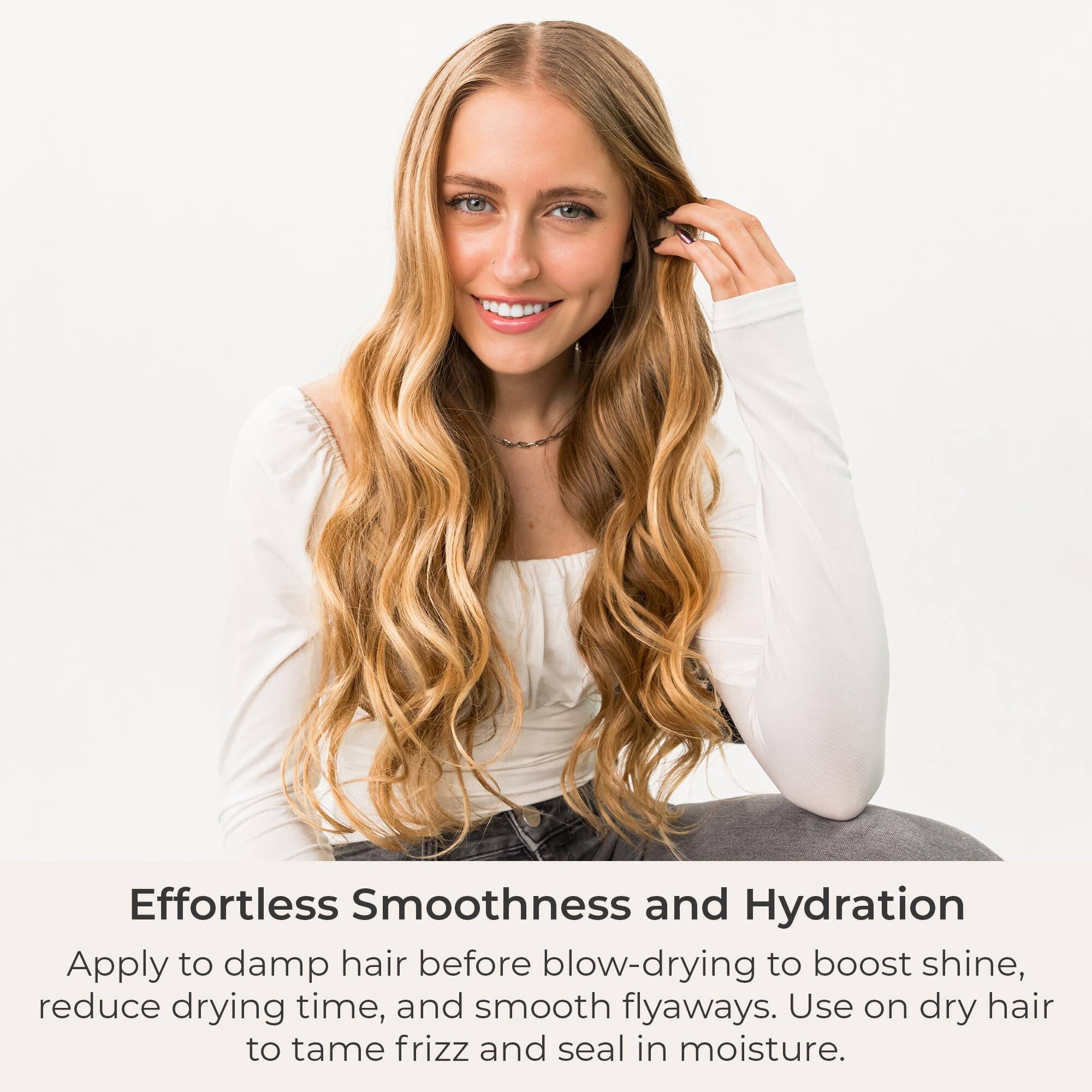 Effortless Smoothness and Hydration

Apply to damp hair before blow-drying to boost shine, reduce drying time, and smooth flyaways. Use on dry hair to tame frizz and seal in moisture.