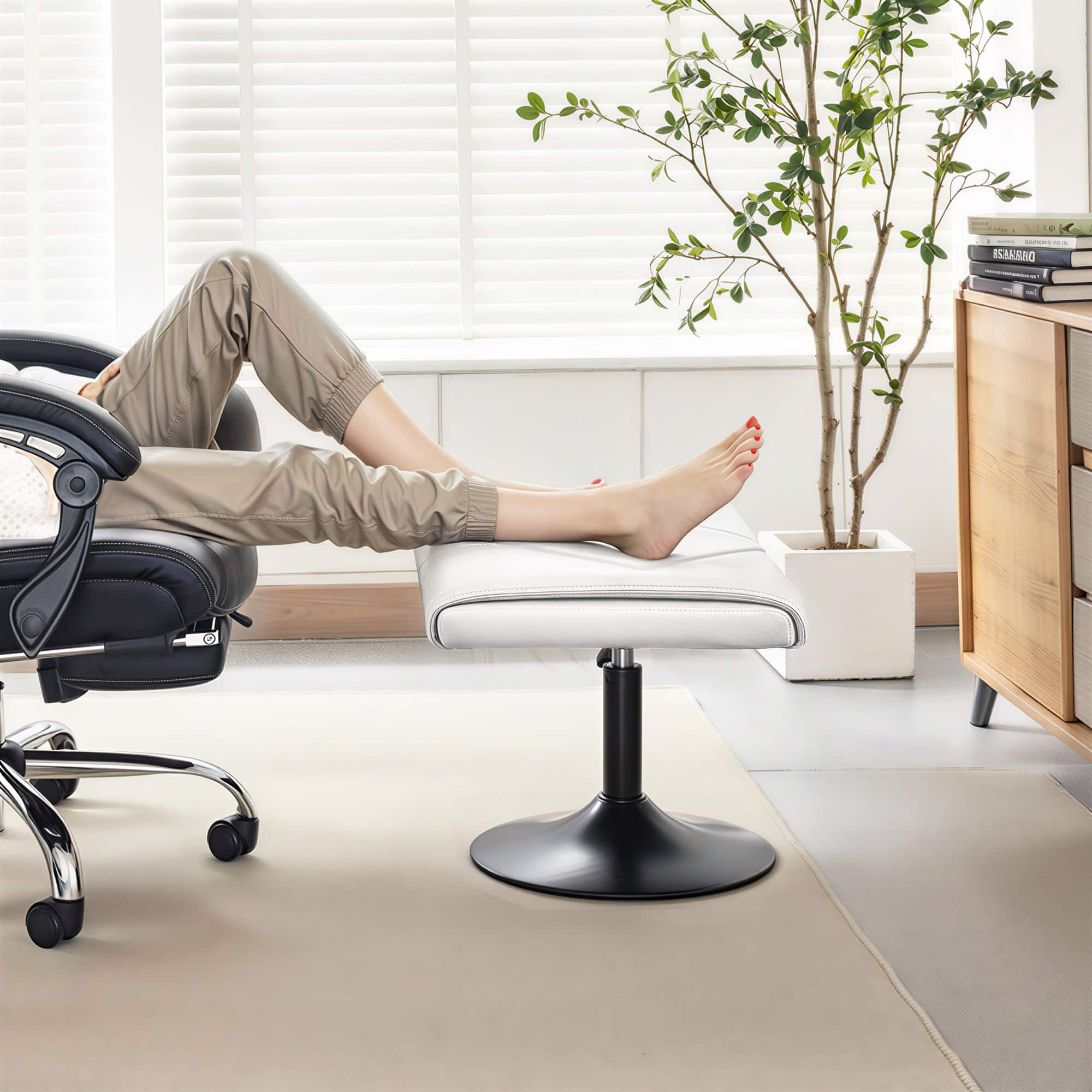 Front. Vecelo - Adjustable Foot Rest Under Desk with Pneumatic Lift, PU Leather Office Footrest Stool - White.