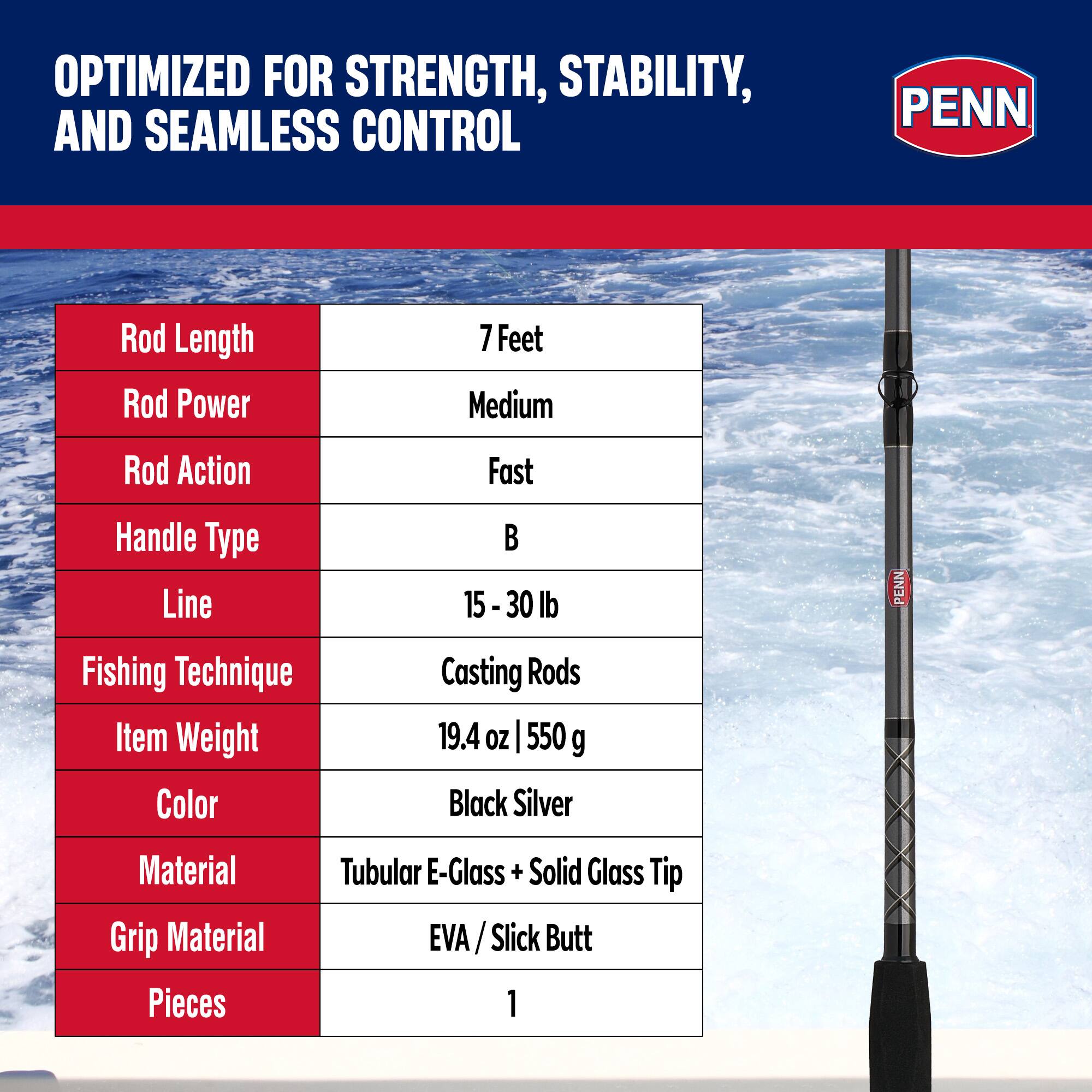 OPTIMIZED FOR STRENGTH, STABILITY, AND SEAMLESS CONTROL

Rod Length: 7 Feet  
Rod Power: Medium  
Rod Action: Fast  
Handle Type: B  
Line: 15 - 30 lb  
Fishing Technique: Casting Rods  
Item Weight: 19.4 oz | 550 g  
Color: Black Silver  
Material: Tubular E-Glass + Solid Glass Tip  
Grip Material: EVA / Slick Butt  
Pieces: 1