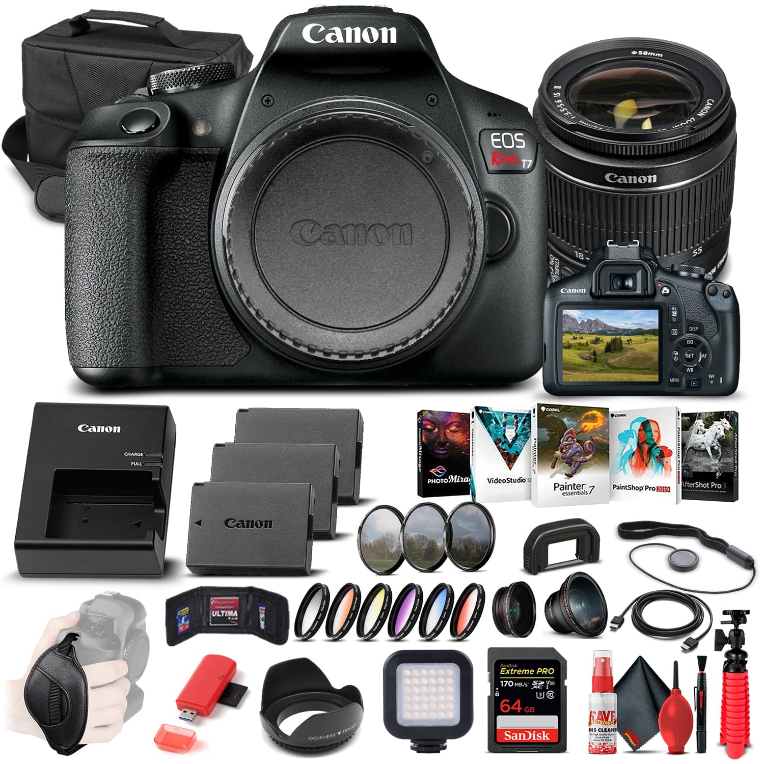 Canon - EOS Rebel T7 DSLR Camera W/ 18-55mm Lens 2727C002 - Advanced Bundle - Black