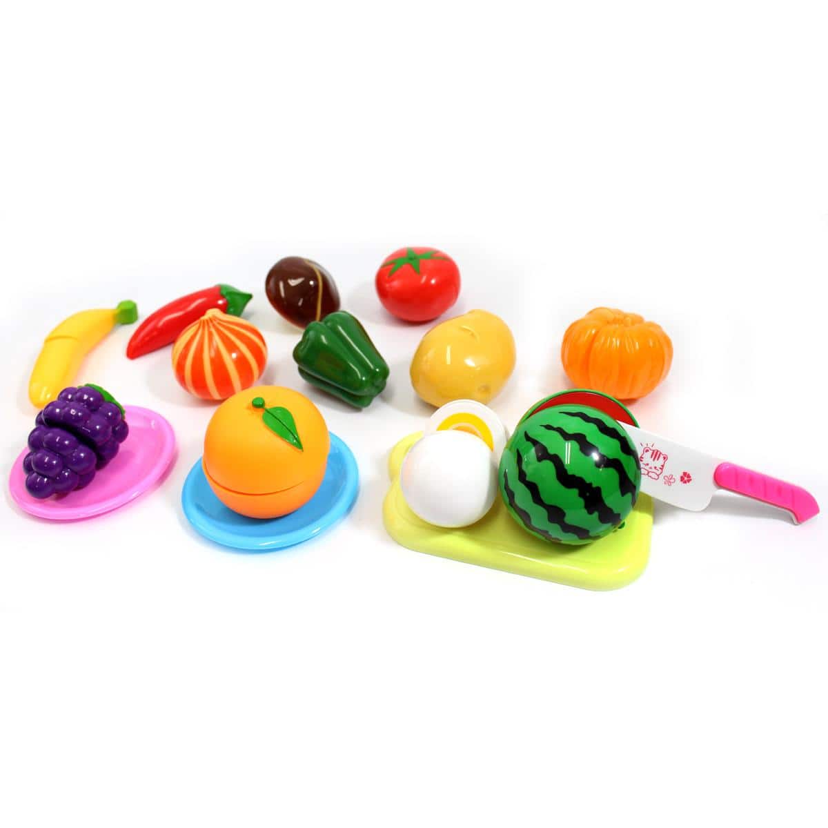 JuzToys - Kids Pretend Fruits and Vegetables Toys – Play Food Cutting Toy Set with Cutting Board and Kife for Pretend Play Kitchen - Multi