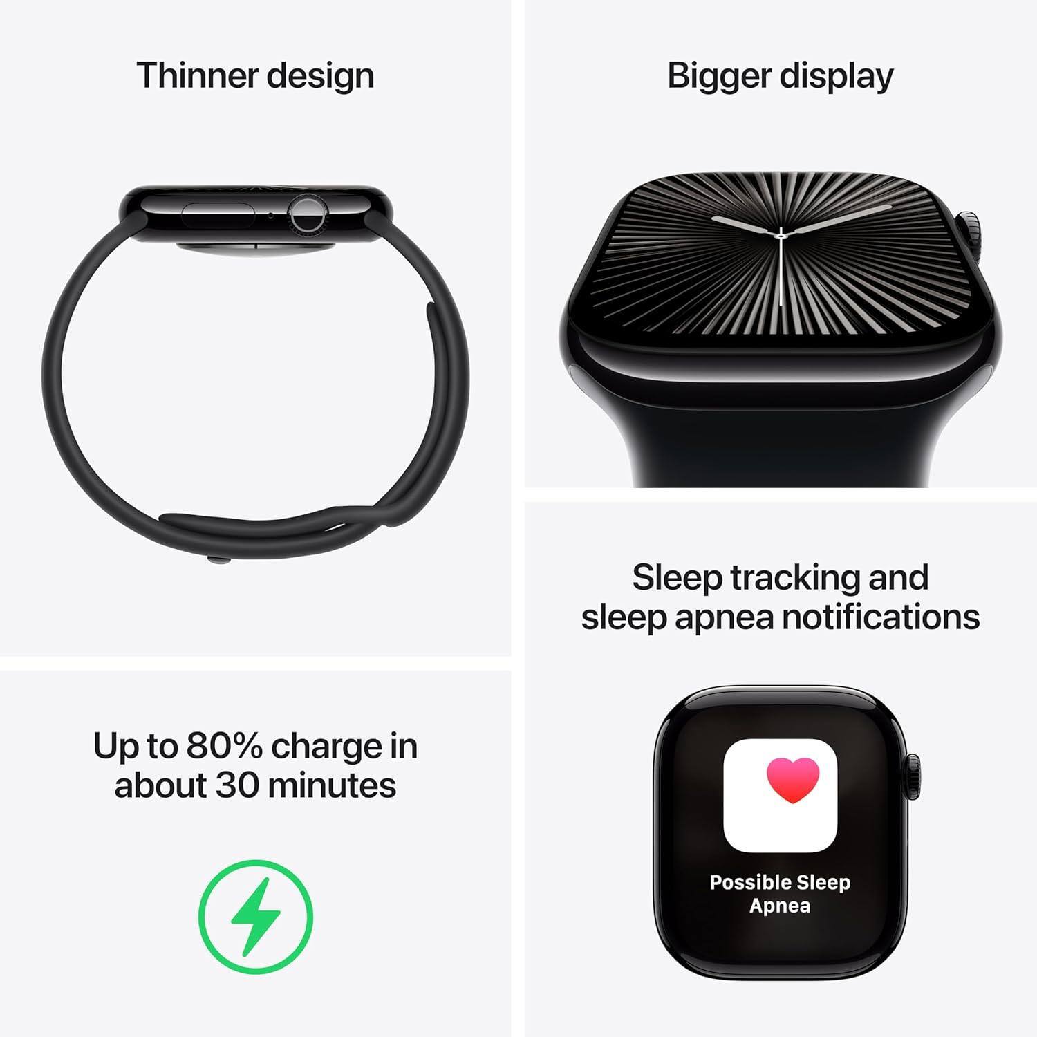 Thinner design  
Bigger display  
Sleep tracking and sleep apnea notifications  
Up to 80% charge in about 30 minutes  
Possible Sleep Apnea