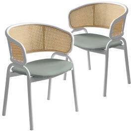 LeisureMod - Ervilla 2-PCS Contemporary Leather Dining Chair - Ergonomic Rattan Back Kitchen Armchair with White Stainless Steel Legs - Gray