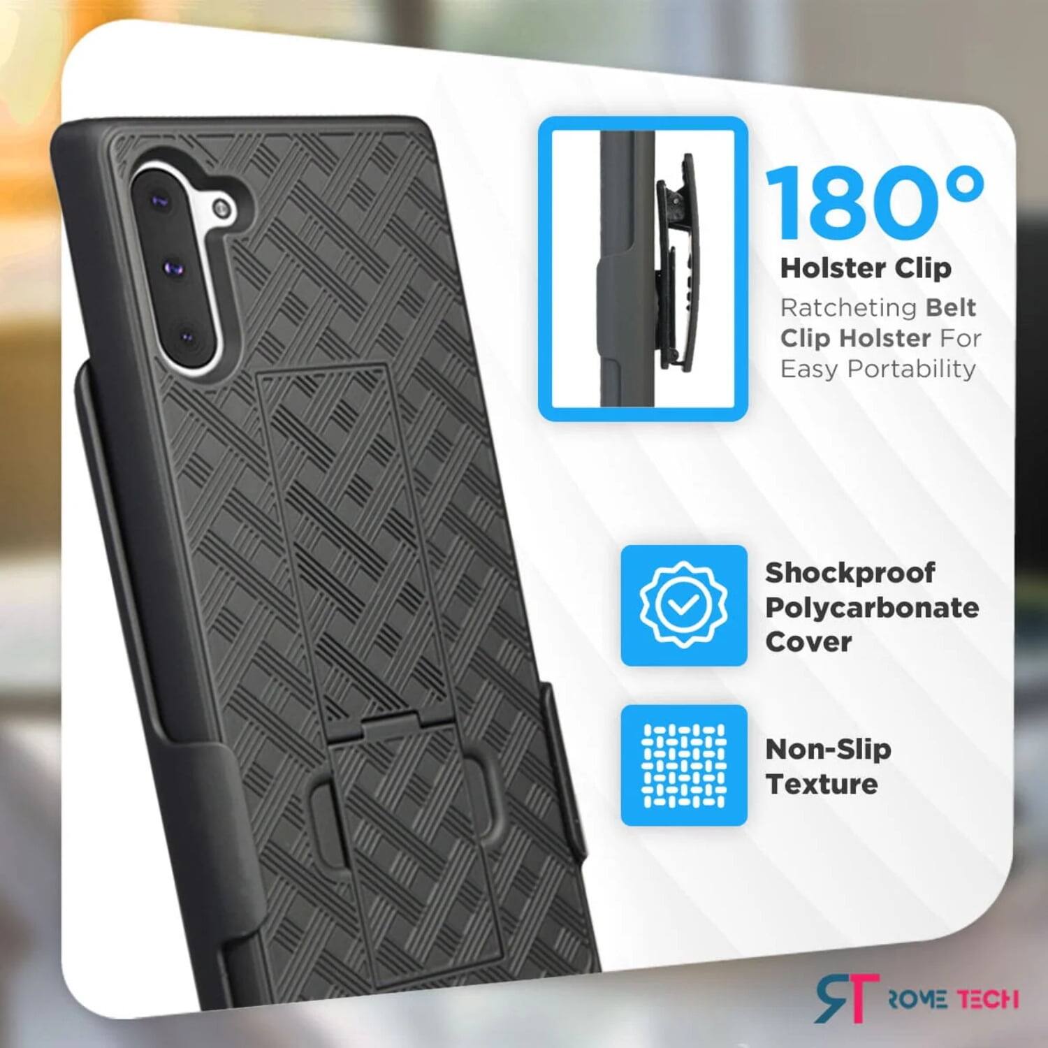 180° Holster Clip  
Ratcheting Belt Clip Holster For Easy Portability  
Shockproof Polycarbonate Cover  
Non-Slip Texture  

ST ROVE TECH