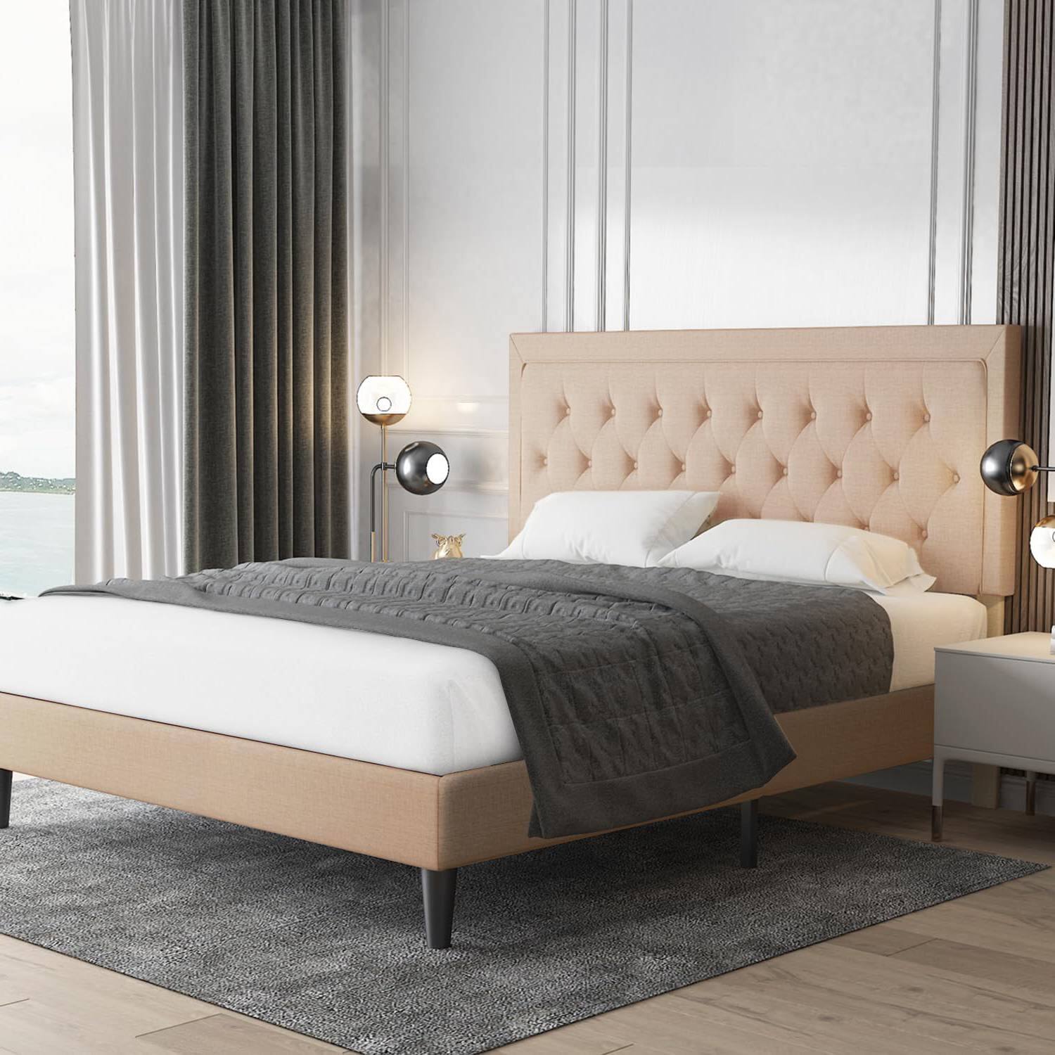Angle. Hivvago - Hivvago Queen size Linen Platform Bed Frame with Button Tufted Headboard - Beige.