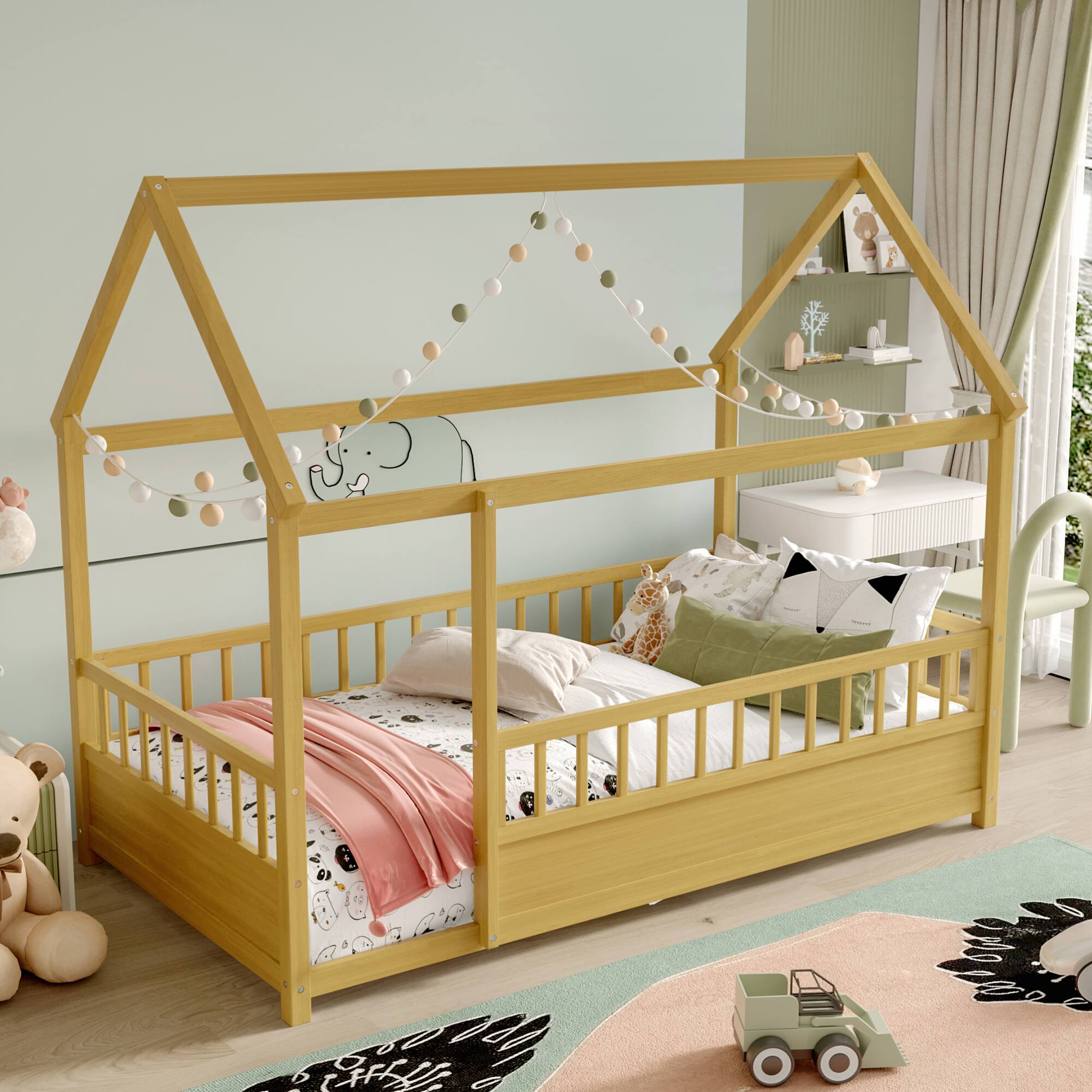 Left. GOODSILO - Twin Size Floor Bed with Playhouse Roof Design and Safety Guardrails for Children's Bedroom - Natural.