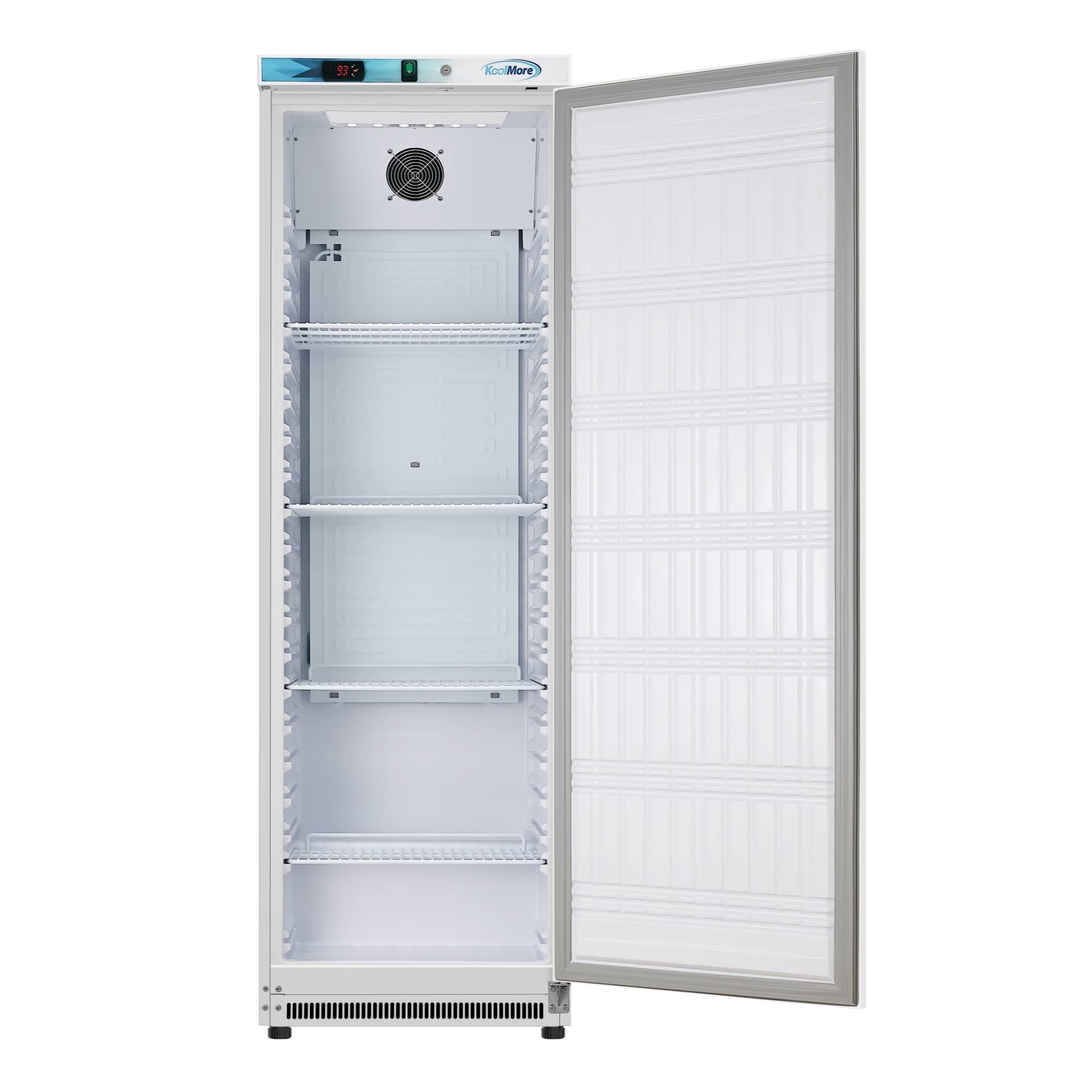 The image shows a large freezer with its door open, revealing a white interior. The freezer is empty, with no visible items or food inside. The freezer is likely used for storing perishable goods, such as frozen foods and beverages, to keep them fresh and preserved for an extended period. The open door allows for easy access to the interior, making it convenient for users to store and retrieve items as needed.