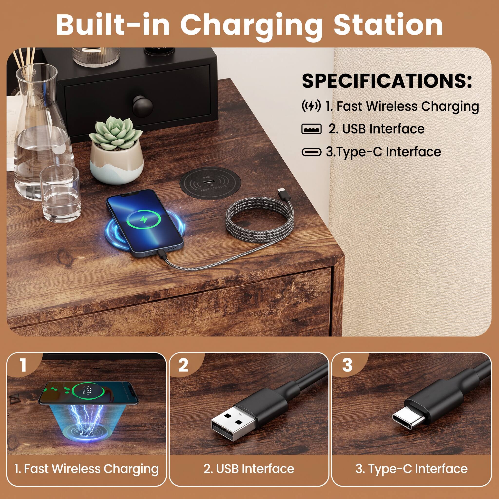 Built-in Charging Station

SPECIFICATIONS:
1. Fast Wireless Charging
2. USB Interface
3. Type-C Interface

1. Fast Wireless Charging
2. USB Interface
3. Type-C Interface