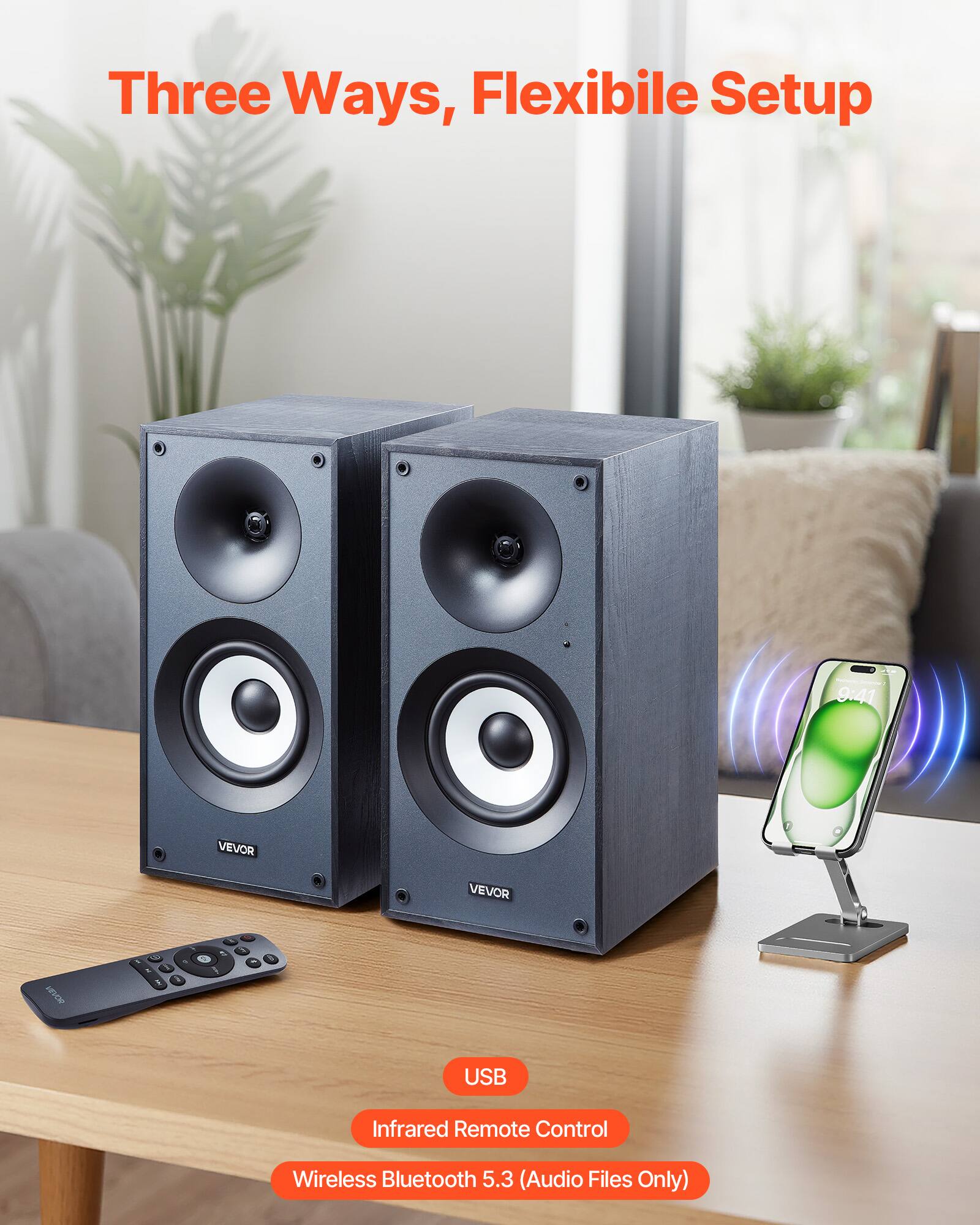 Three Ways, Flexible Setup

VEVOR - MECK
USB Infrared Remote Control
Wireless Bluetooth 5.3 (Audio Files Only)