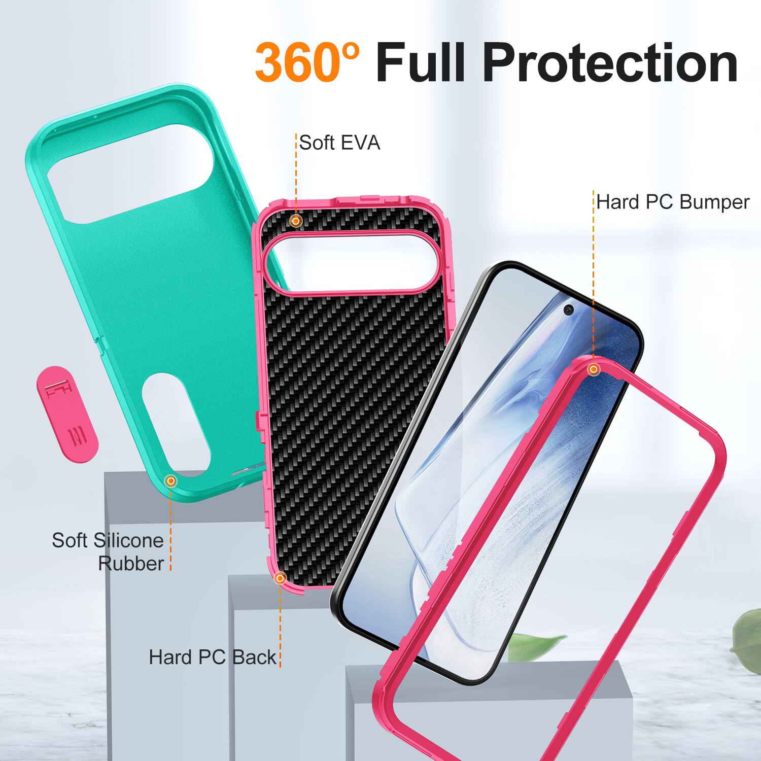 360° Full Protection

- Soft EVA
- Hard PC Bumper
- Soft Silicone Rubber
- Hard PC Back