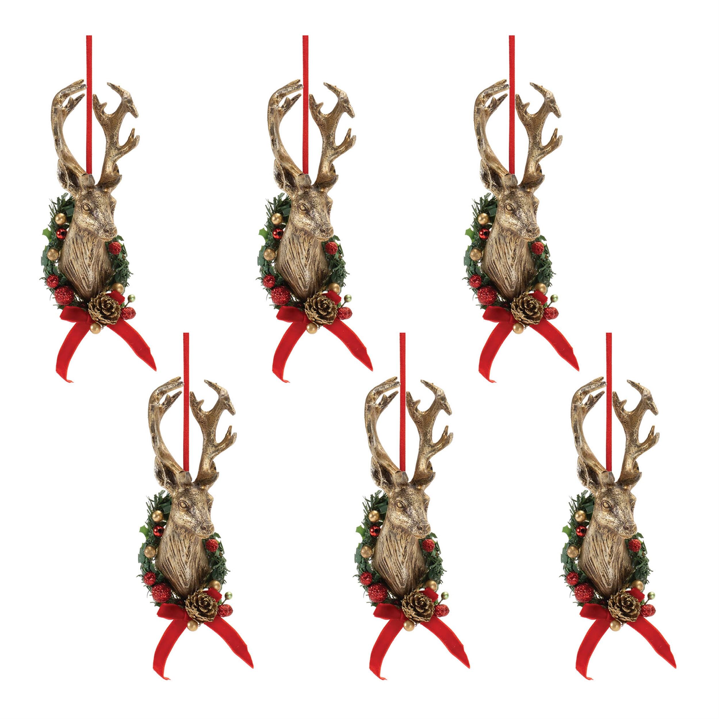 Left. BreeBe - Deer Head Mount Ornament (Set of 6) - Brown, Red, Green.