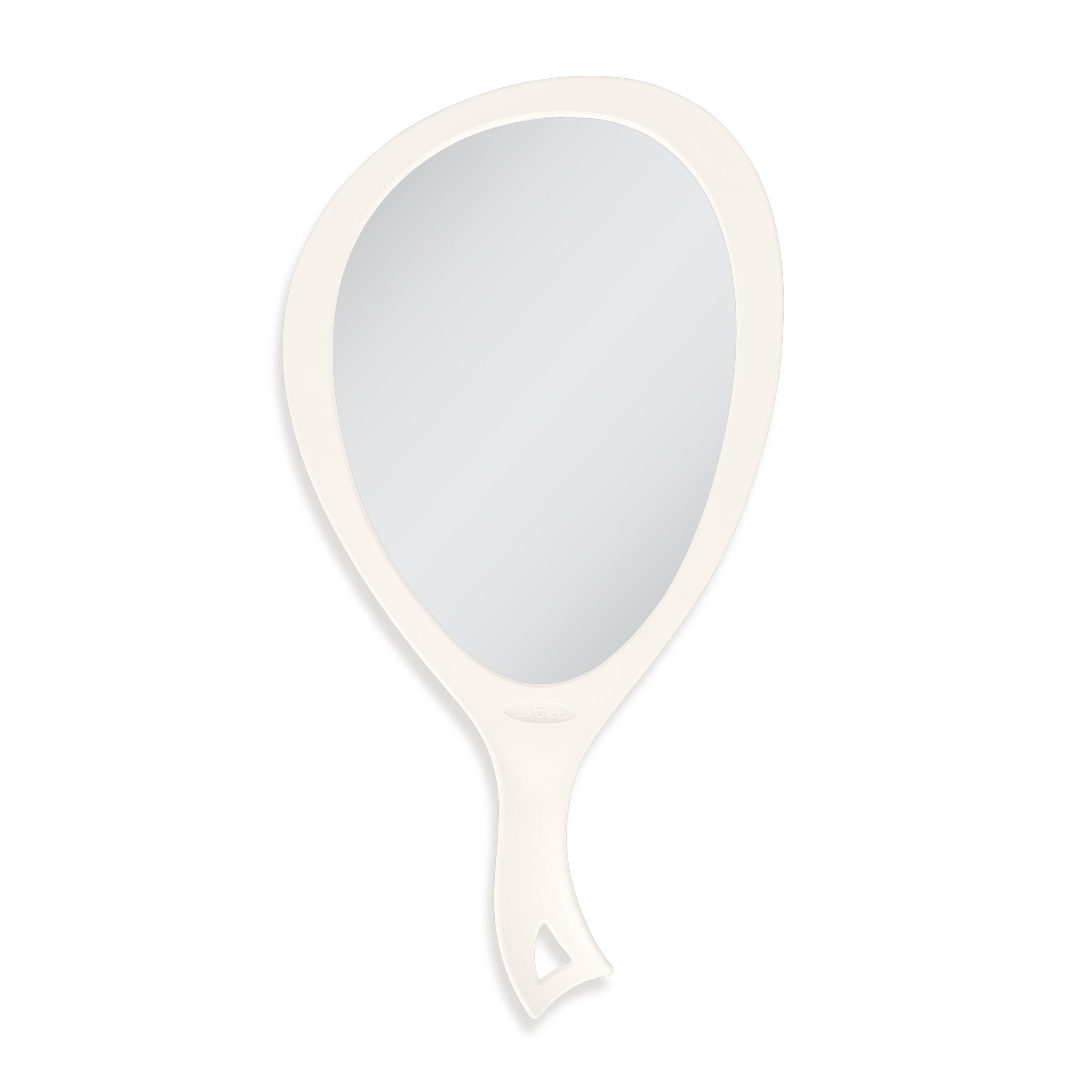 Front. Zadro - Large Teardrop Hand Mirror with Ergonomic Handle and Hanging Loop - Made in USA - Off-White.