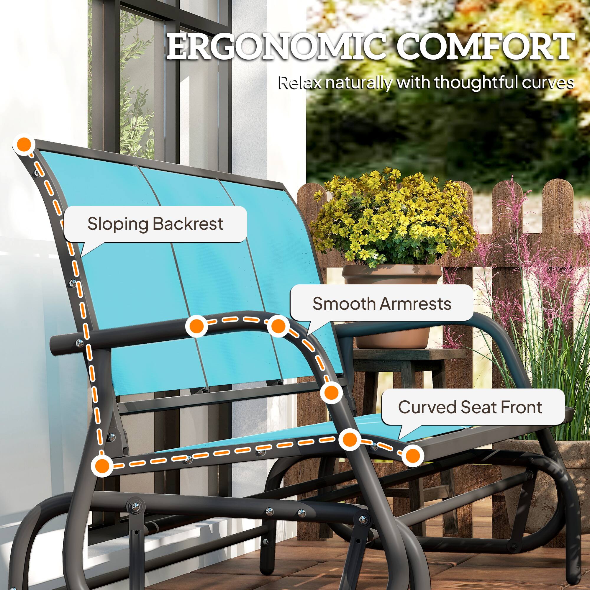 ERGONOMIC COMFORT  
Relax naturally with thoughtful curves  

- Sloping Backrest  
- Smooth Armrests  
- Curved Seat Front