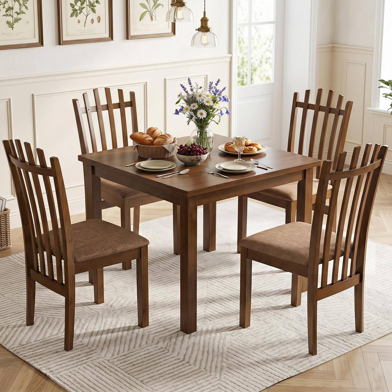 Alt View 1. Costway - Costway 2 PCS Rubber Wood Slat Back Kitchen Dining Chairs Linen Fabric Upholstered Seat - Walnut+Brown.