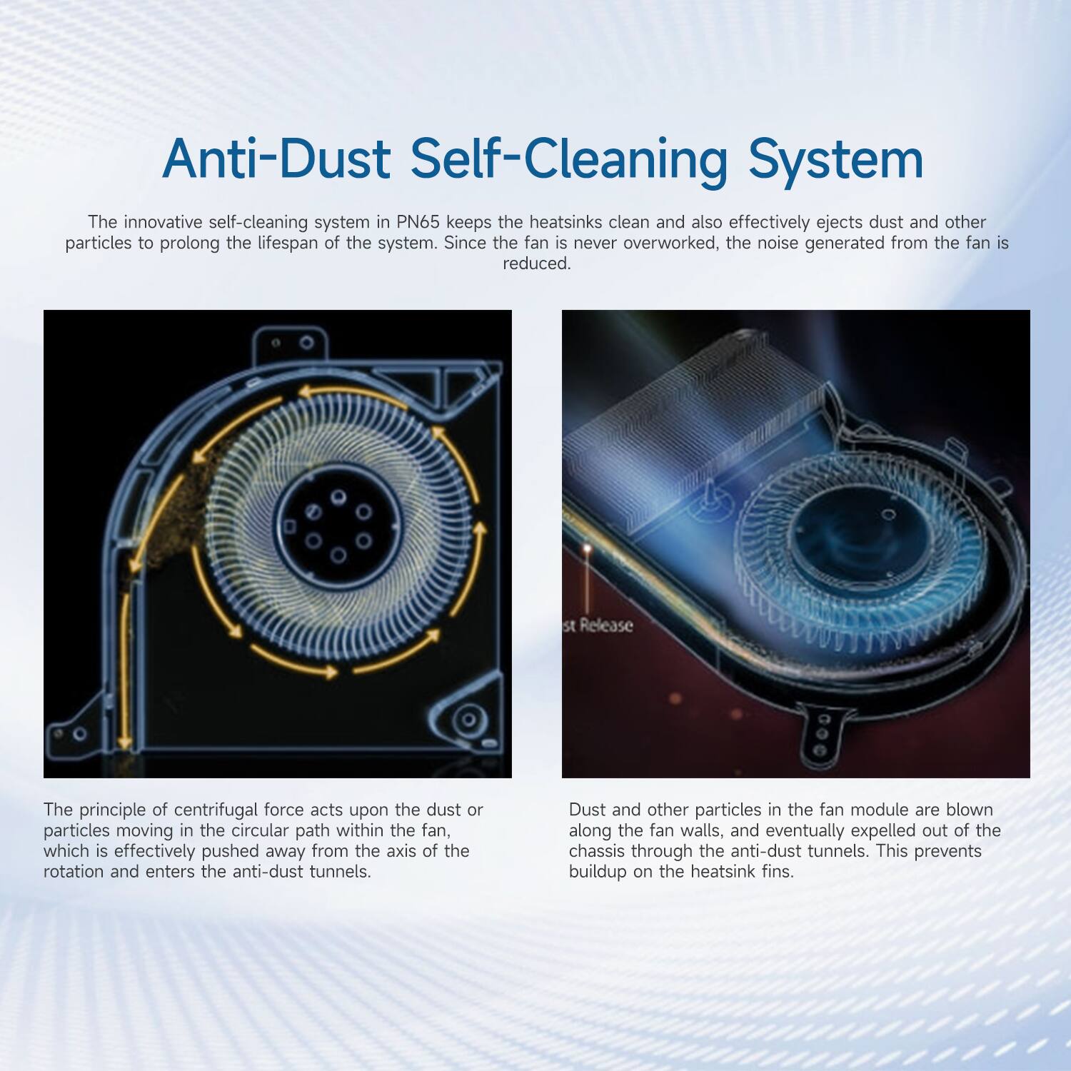 Anti-Dust Self-Cleaning System

The innovative self-cleaning system in PN65 keeps the heatsinks clean and also effectively ejects dust and other particles to prolong the lifespan of the system. Since the fan is never overworked, the noise generated from the fan is reduced.

The principle of centrifugal force acts upon the dust or particles moving in the circular path within the fan, which is effectively pushed away from the axis of the rotation and enters the anti-dust tunnels.

Dust and other particles in the fan module are blown along the fan walls, and eventually expelled out of the chassis through the anti-dust tunnels. This prevents buildup on the heatsink fins.