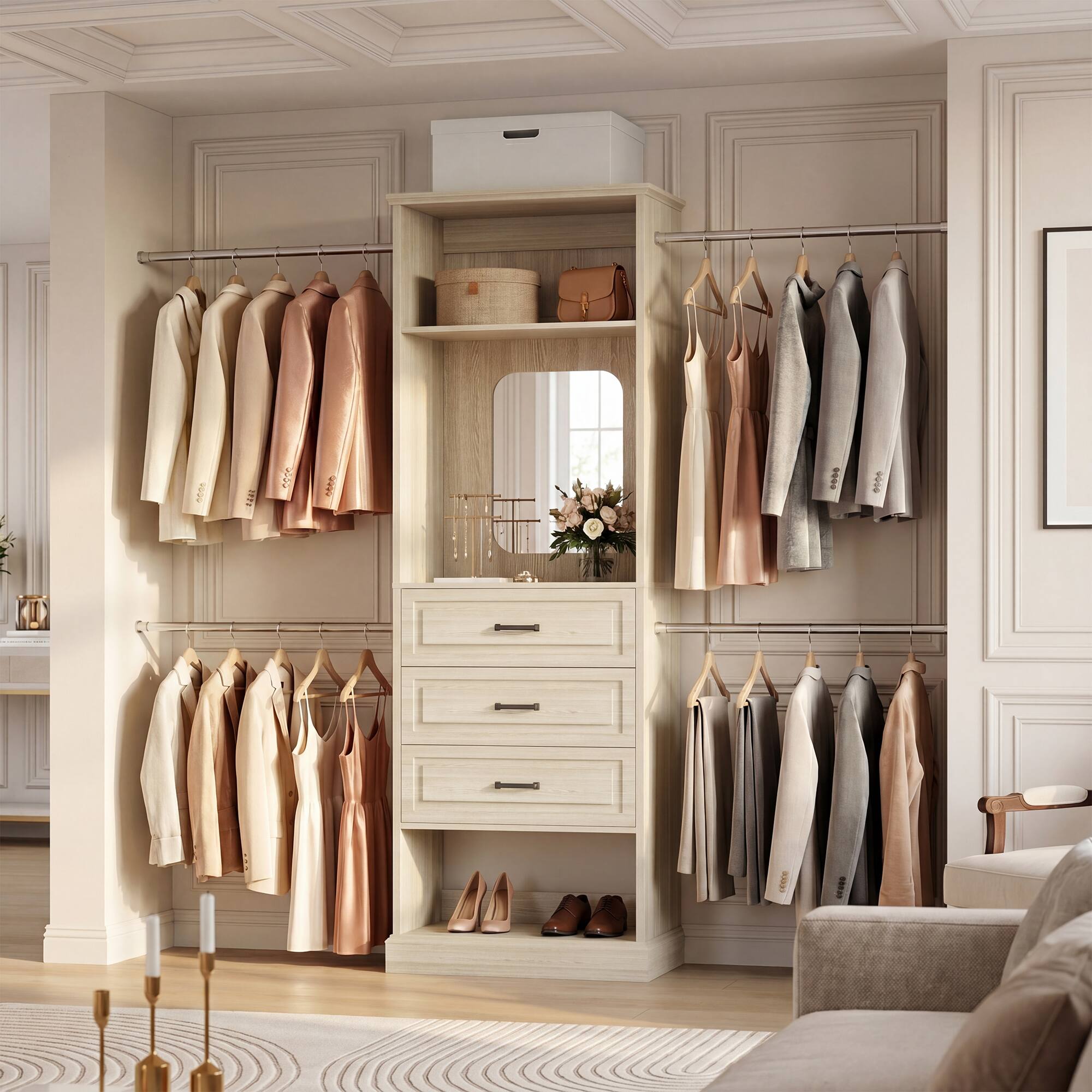 Alt View 3. Aheaplus - 26'' - 110'' W Adjustable Closet Organizer System with 3 Drawers, 4 Retractable Hanging Rods and Mirror - Beige Oak.