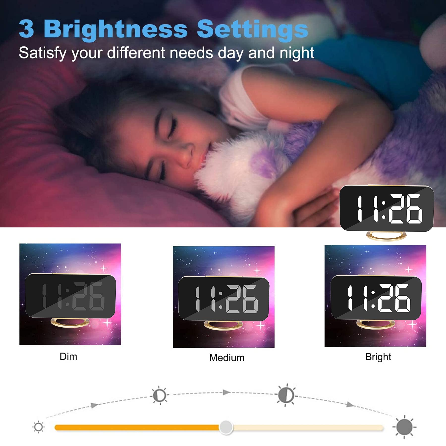 3 Brightness Settings  
Satisfy your different needs day and night  

11:26  
11:26  
11:26  

Dim  
Medium  
Bright