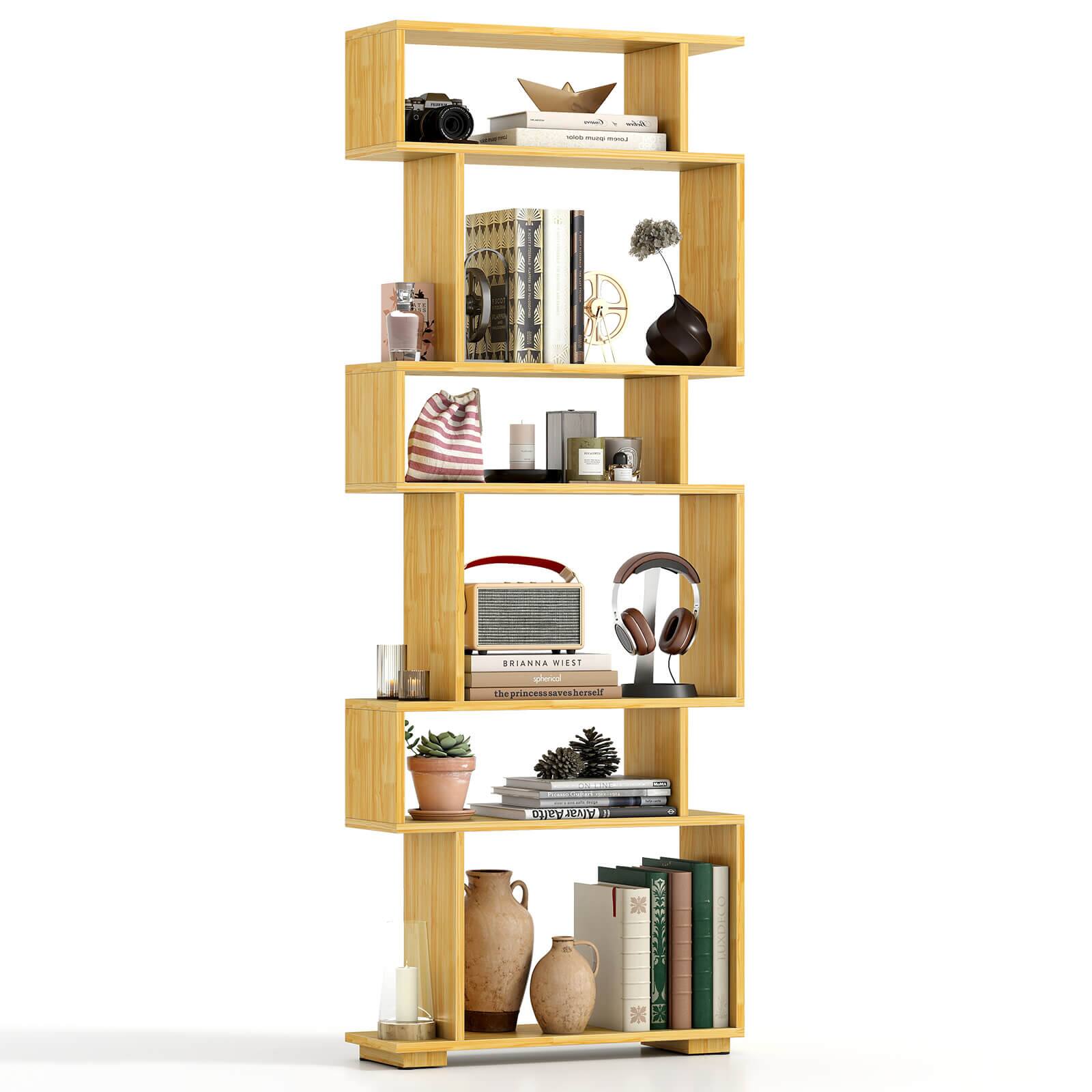 Costway - 6-Tier Bookshelf with 2 Anti-Tipping Kits, Wooden Display Shelf for Home Office - Splicing Wood