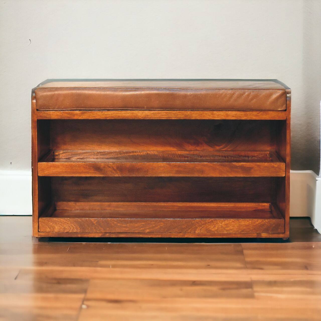 Angle. Artisan Furniture - Artisan Furniture Solid Wood Buffalo Hide Pull out Chestnut Shoe Storage Bench, Upholstered, Dark Brown - Dark Brown.