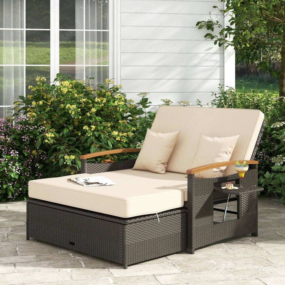 Alt View 6. Pefilos - Outdoor 3-In-1 Versatile Wicker Daybed with 4 Backrest Positions, Daybed with Foldin Panels and Storae Ottoman, - Beige.