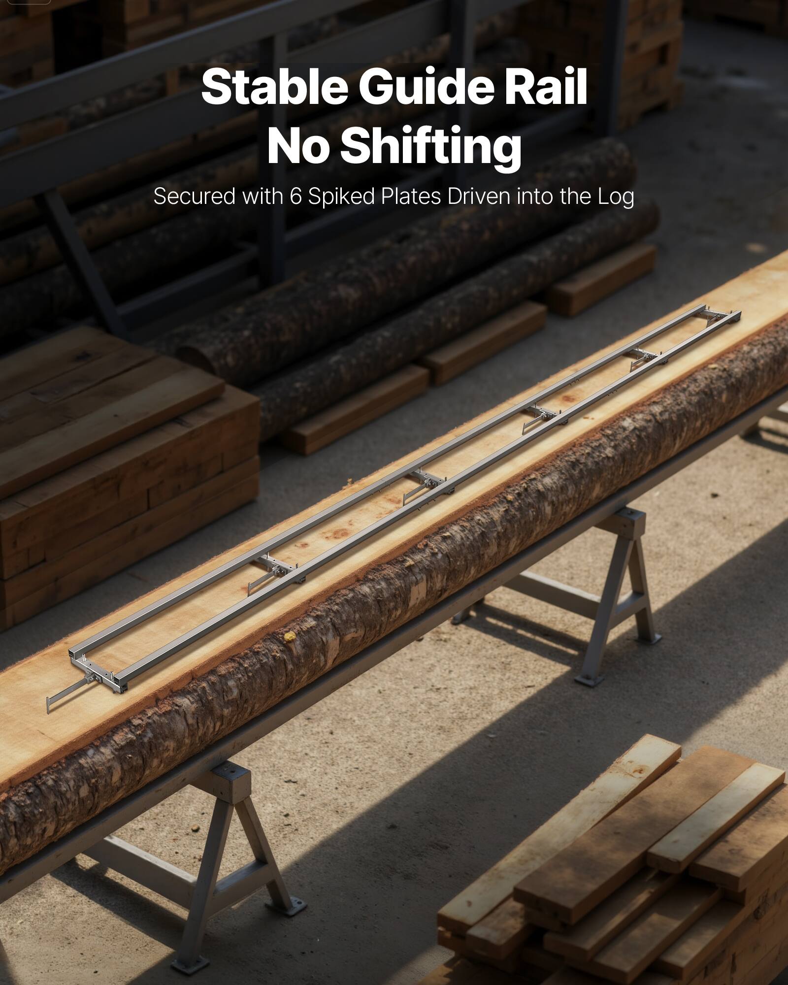 Stable Guide Rail  
No Shifting  

Secured with 6 Spiked Plates Driven into the Log