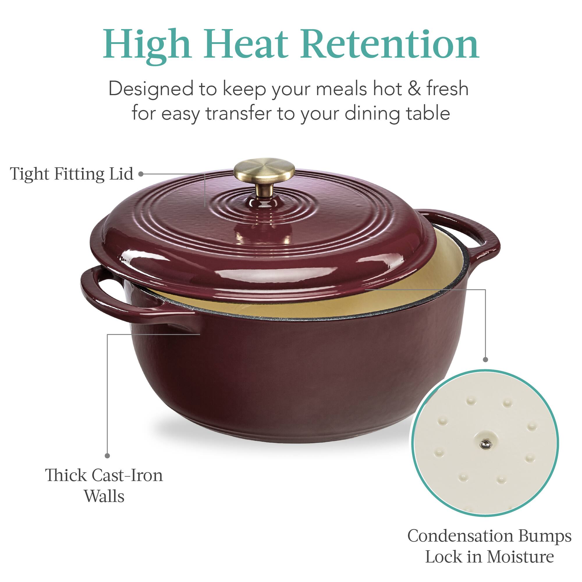 High Heat Retention  
Designed to keep your meals hot & fresh for easy transfer to your dining table  

- Tight Fitting Lid  
- Thick Cast-Iron Walls  
- Condensation Bumps Lock in Moisture