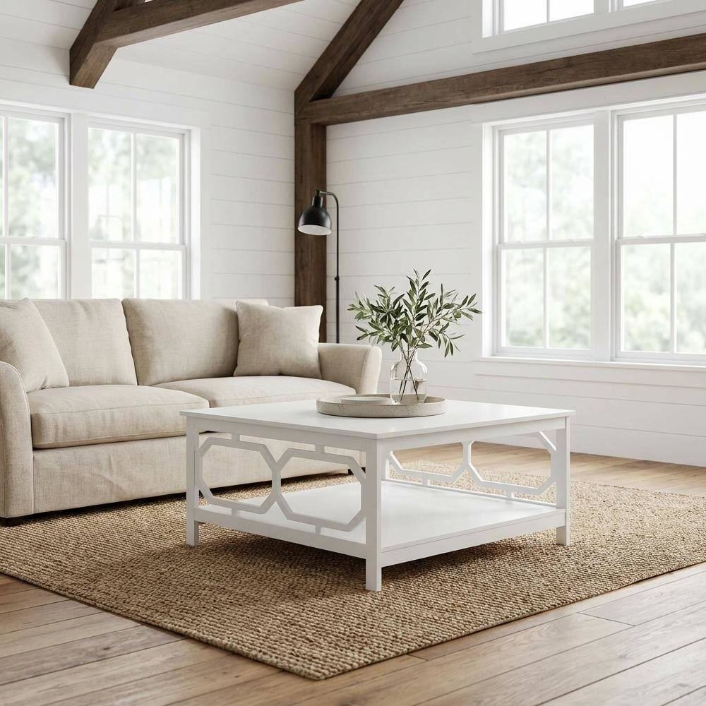 Left. FurniFact - White MDF Coffee Table with Square Top and Sturdy Construction for Living Room - White.