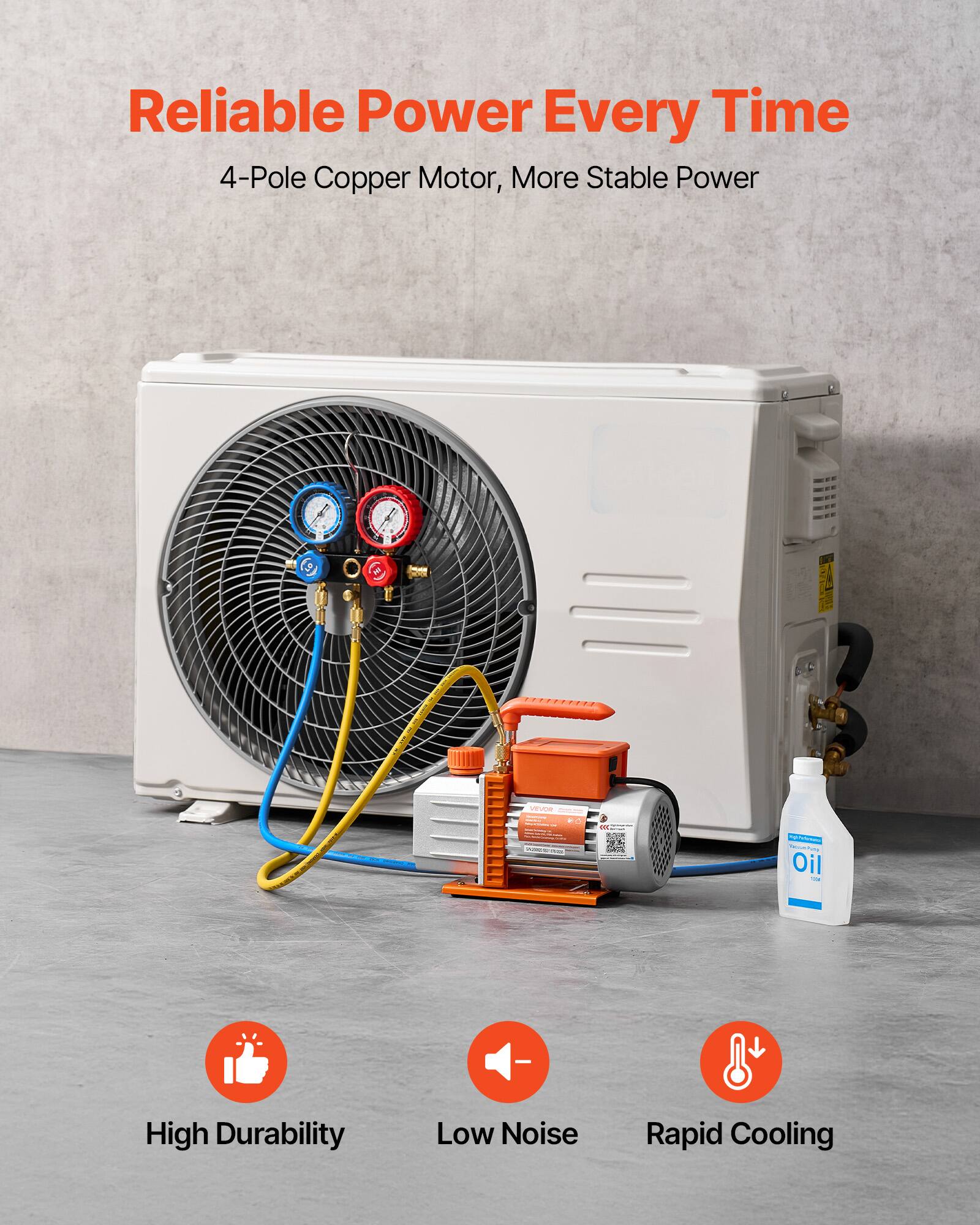 Reliable Power Every Time  
4-Pole Copper Motor, More Stable Power

VEVOR - Sourcent  
2020  
MUDICA COMPANY

Happchange Oil 100  
High Durability  
Low Noise  
Rapid Cooling