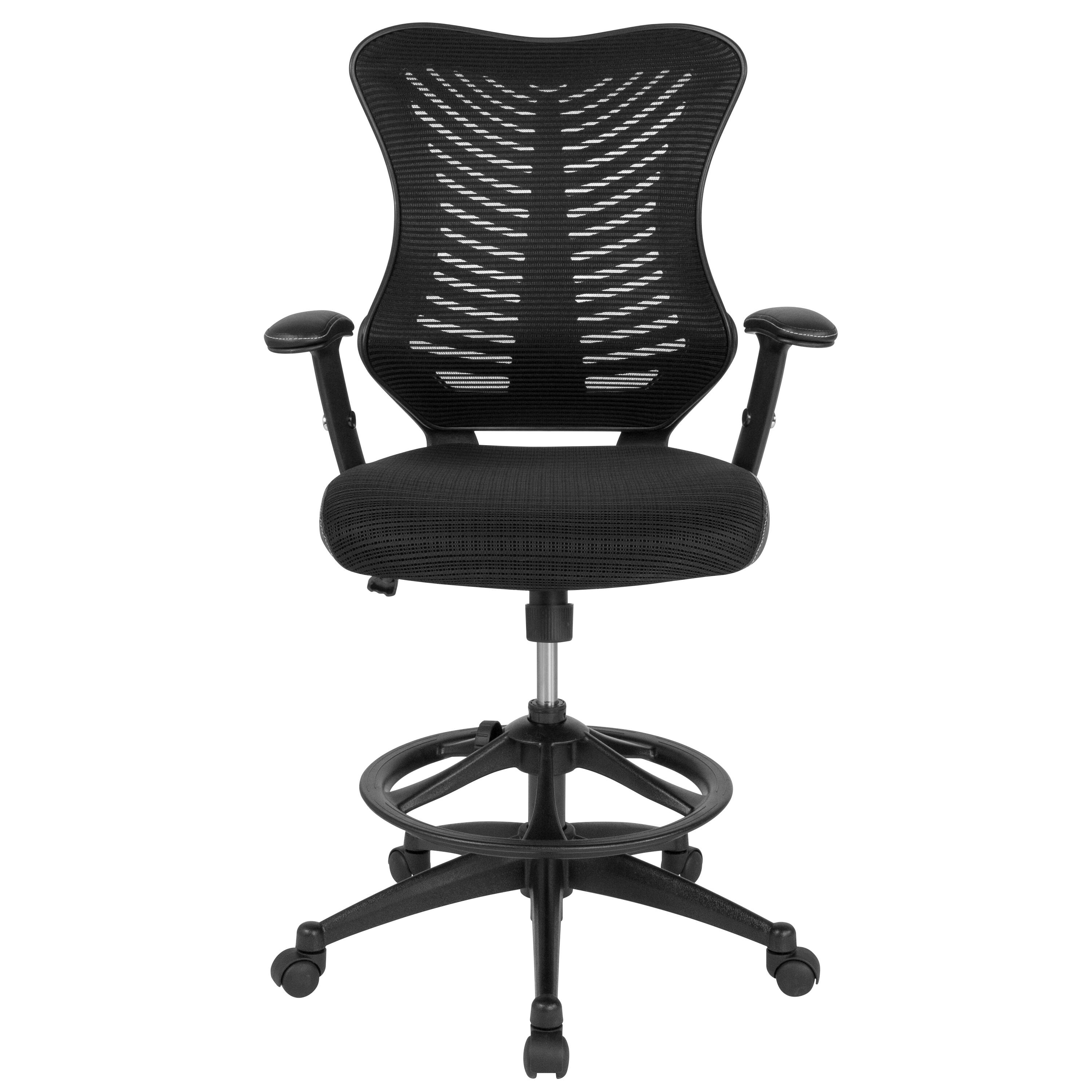 Alt View 7. Emma + Oliver - High Back Designer Mesh Drafting Chair with Leather Sides and Adjustable Arms - Black.