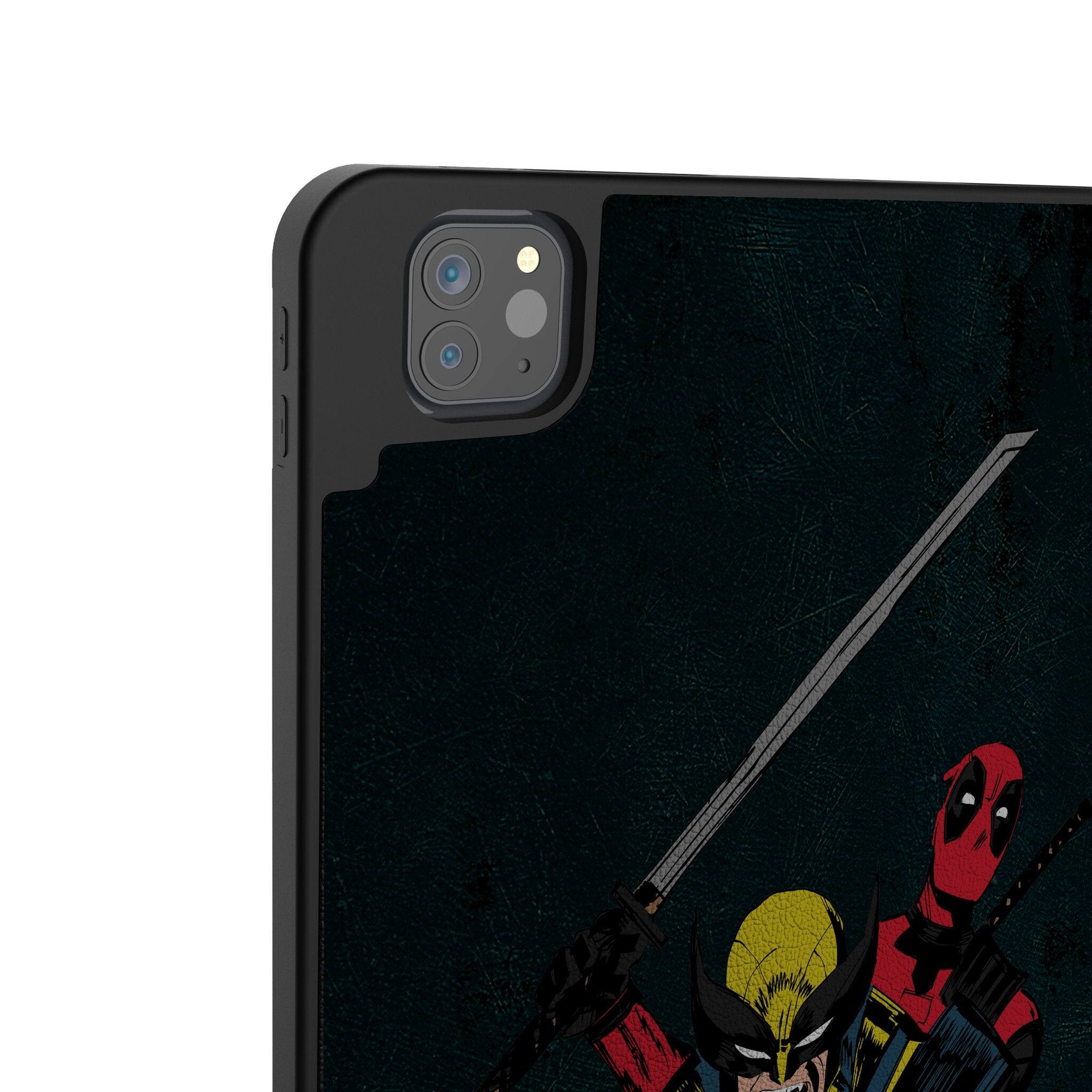 Left. Keyscaper - Marvel Badge Tablet Case - Apple iPad Air (4th Gen) - Deadpool Wolverine 3.