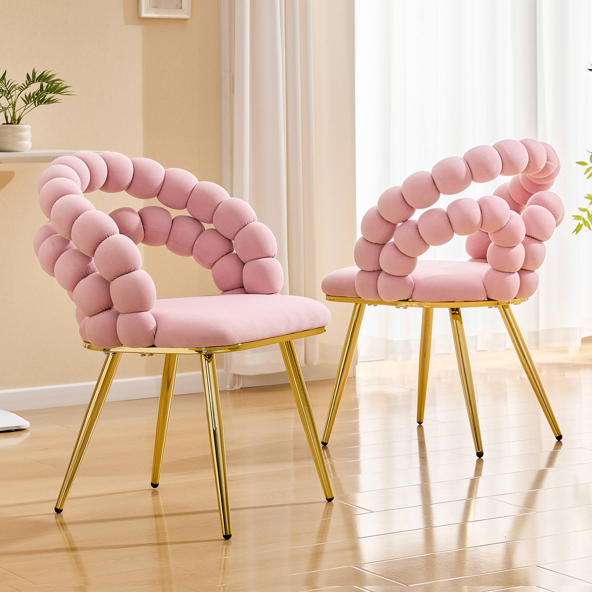 Back. Loheer - Loheer Velvet Dining Chair Set of 2, Pink Bubble Back Accent Chair with Gold Metal Legs, 1.92 ft Wide Vanity Chair - Gold,Pink.
